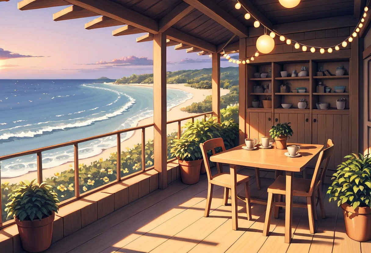 Anime seaside cafe terrace at sunset with string lights, wooden tables and chairs, shelves of cups and a curving beach below