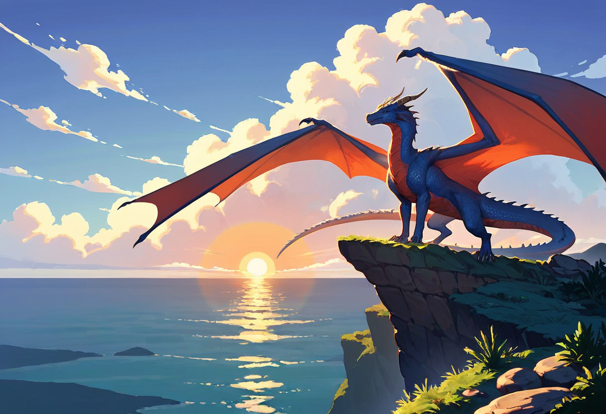 Anime fantasy illustration of a dragon with wide red wings perched on a grassy sea cliff, looking out over a calm ocean at a golden sunrise under towering white clouds