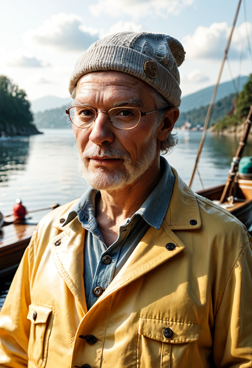 Photo of an elderly fisherman with a white beard, round glasses, a grey wool beanie and a yellow raincoat at a calm harbor with wooden boats behind him