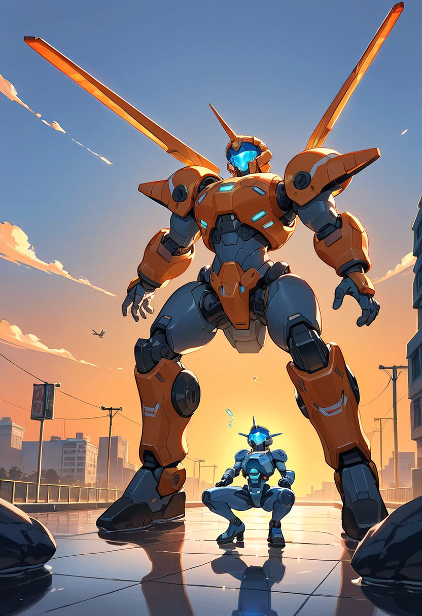 Giant orange and grey humanoid mecha with glowing blue visor standing in a flooded city street at sunset, a smaller blue robot crouching at its feet