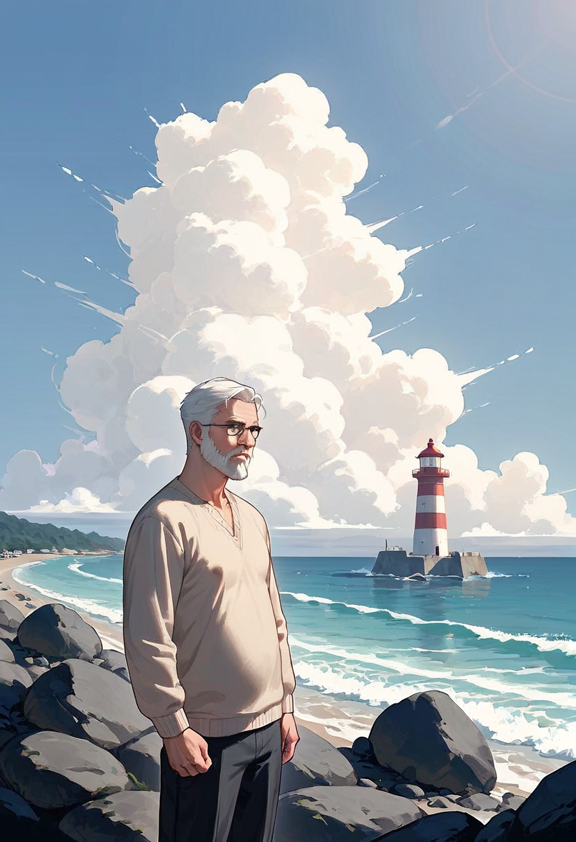 Pony NAI: anime illustration of an older man with white hair and glasses in a beige sweater standing on dark rocks by the sea, a lighthouse on a small island and a huge white cloud behind him