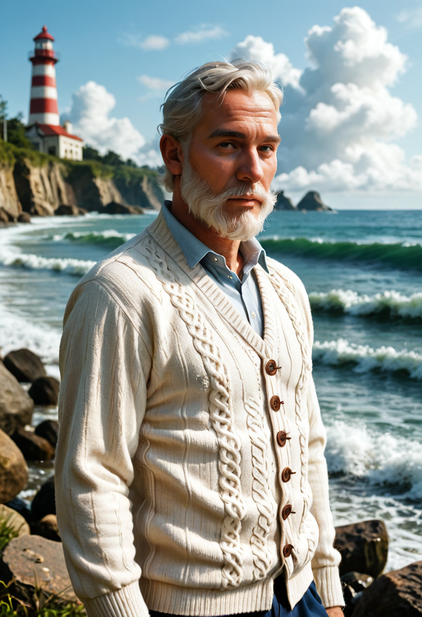 Pony Realism: photo of an older man with a grey beard in a cream cable knit cardigan standing on a rocky shore with waves and a red and white lighthouse on the cliff behind him