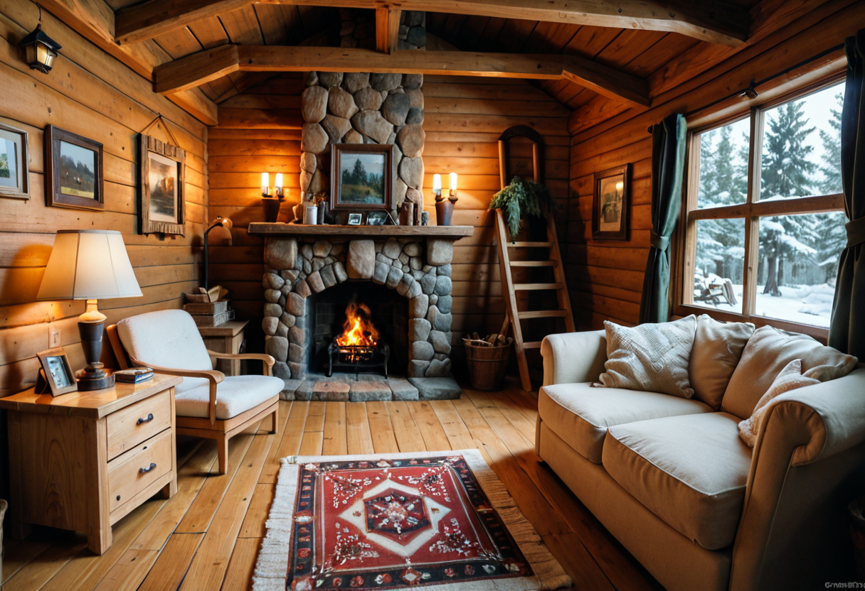 Photo of a cozy log cabin interior with a stone fireplace and crackling fire, a cream sofa and armchair, a patterned rug and a big window onto a snowy pine forest