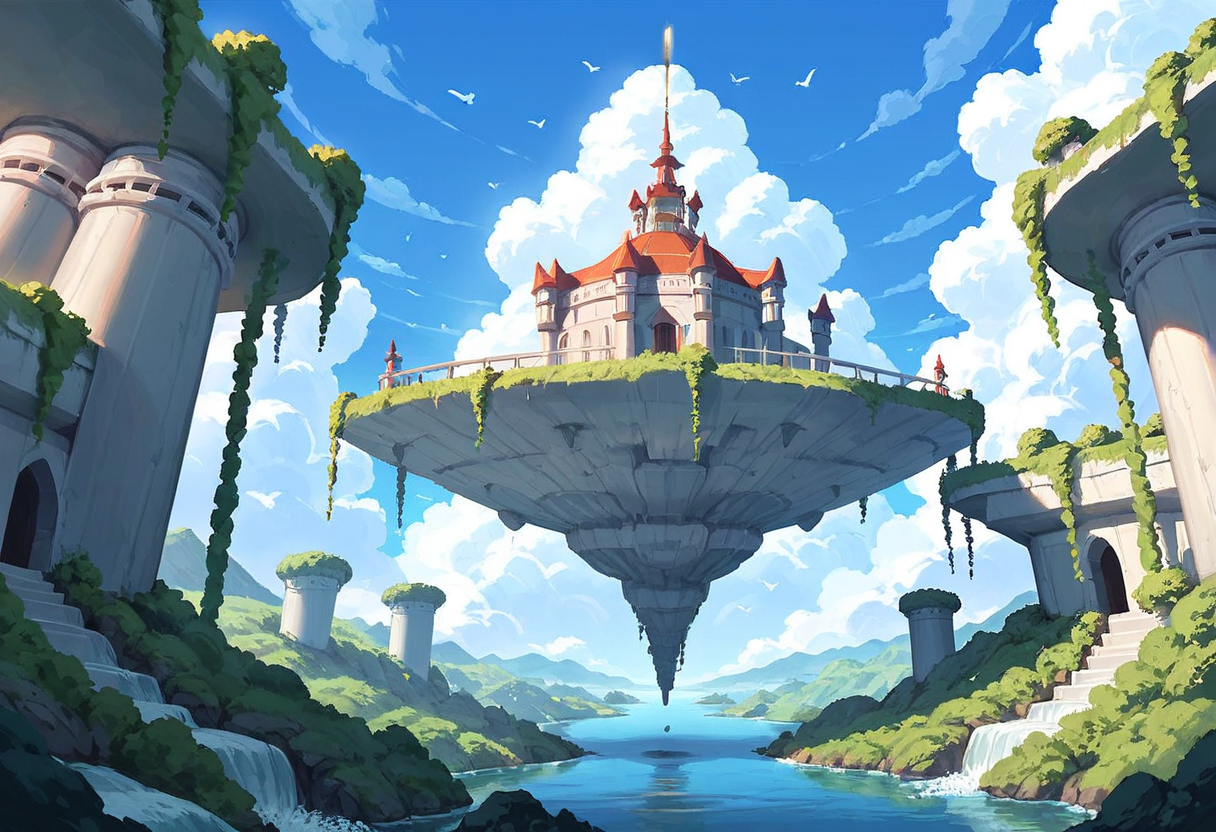 Anime scenery of a floating island with a white stone temple, waterfalls spilling off rocky cliffs into a sea of clouds under a bright blue sky