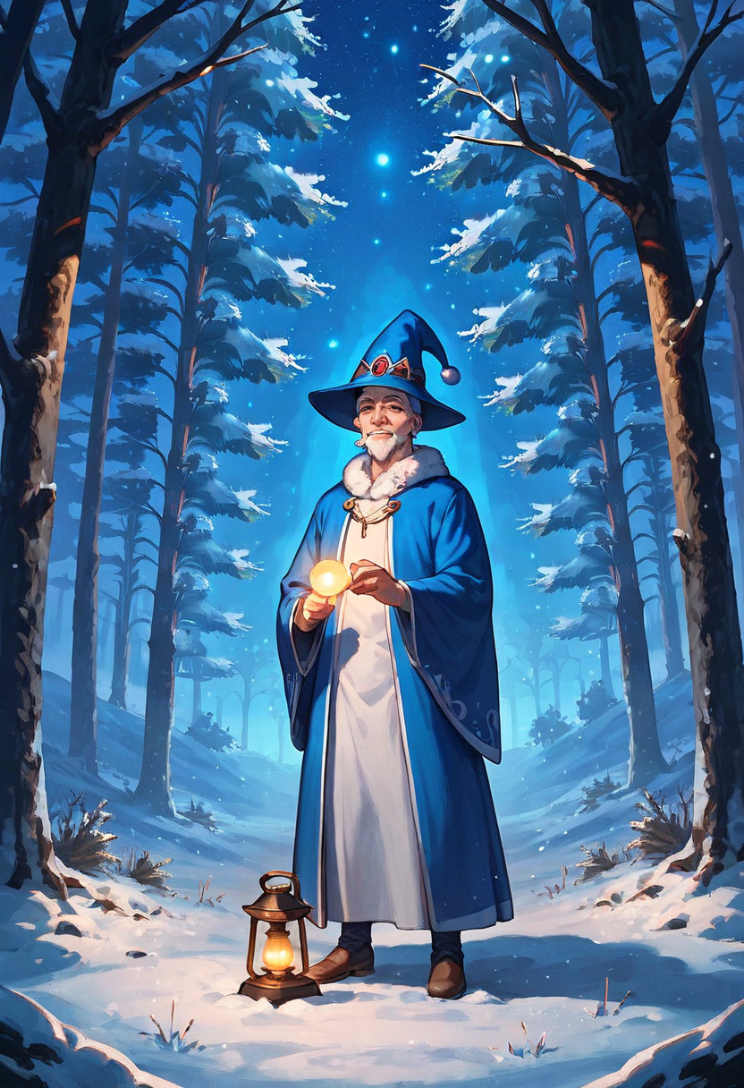 Anime illustration of a smiling old wizard with a long white beard in a deep blue starry robe and pointed hat, holding a glowing light in a snowy pine forest at night, a lantern at his feet
