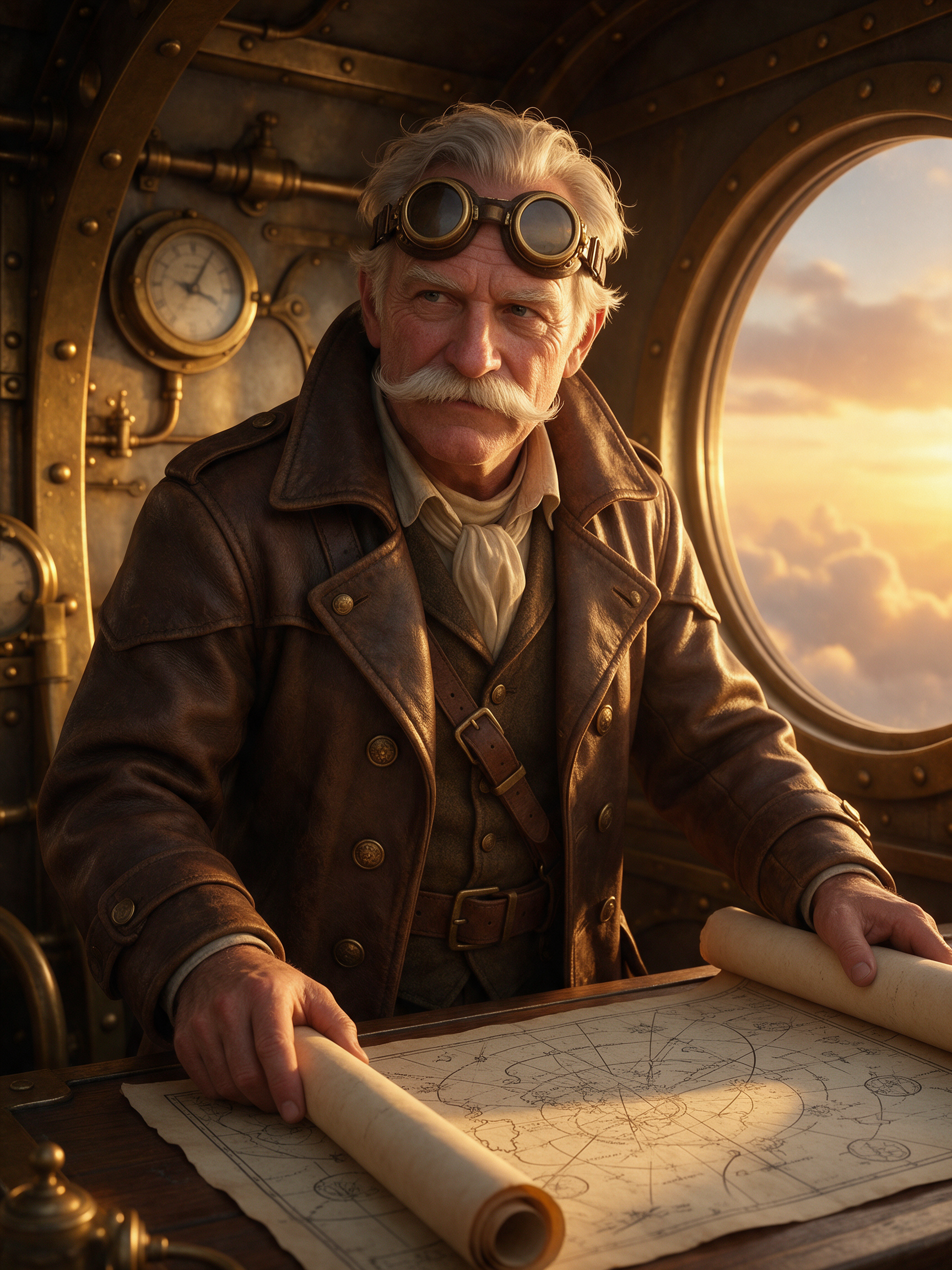 An older airship navigator with a white handlebar mustache and brass goggles unrolls a sky chart in a riveted brass cabin at sunset