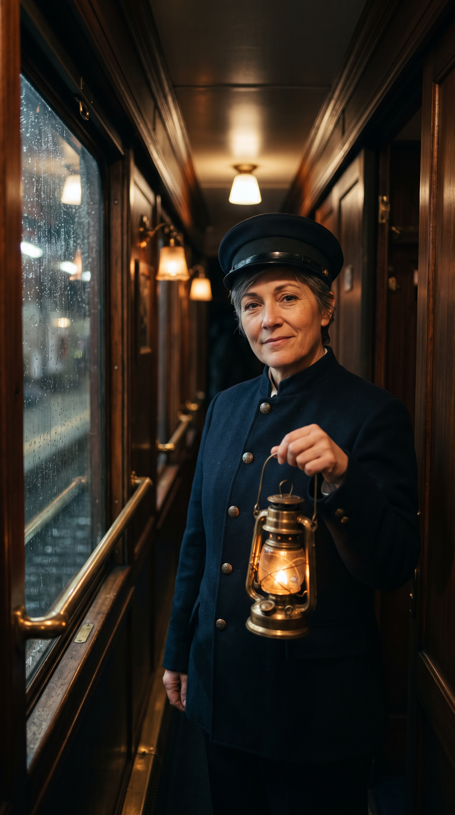 The portrait: a conductor in a navy uniform holds a brass lantern in a rainy sleeper car corridor