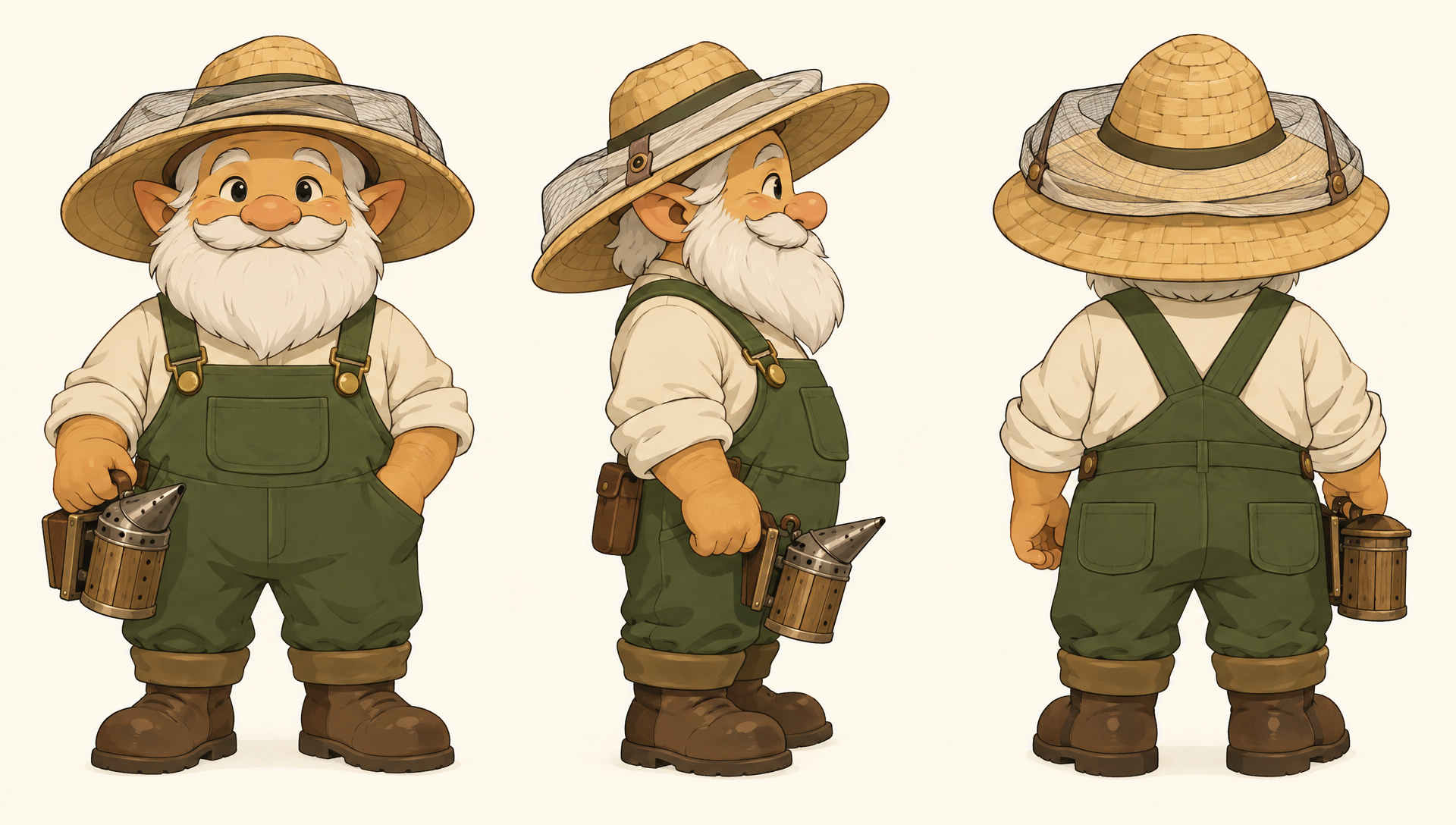A gnome beekeeper in a straw hat and green overalls shown from the front, side and back on a cream background