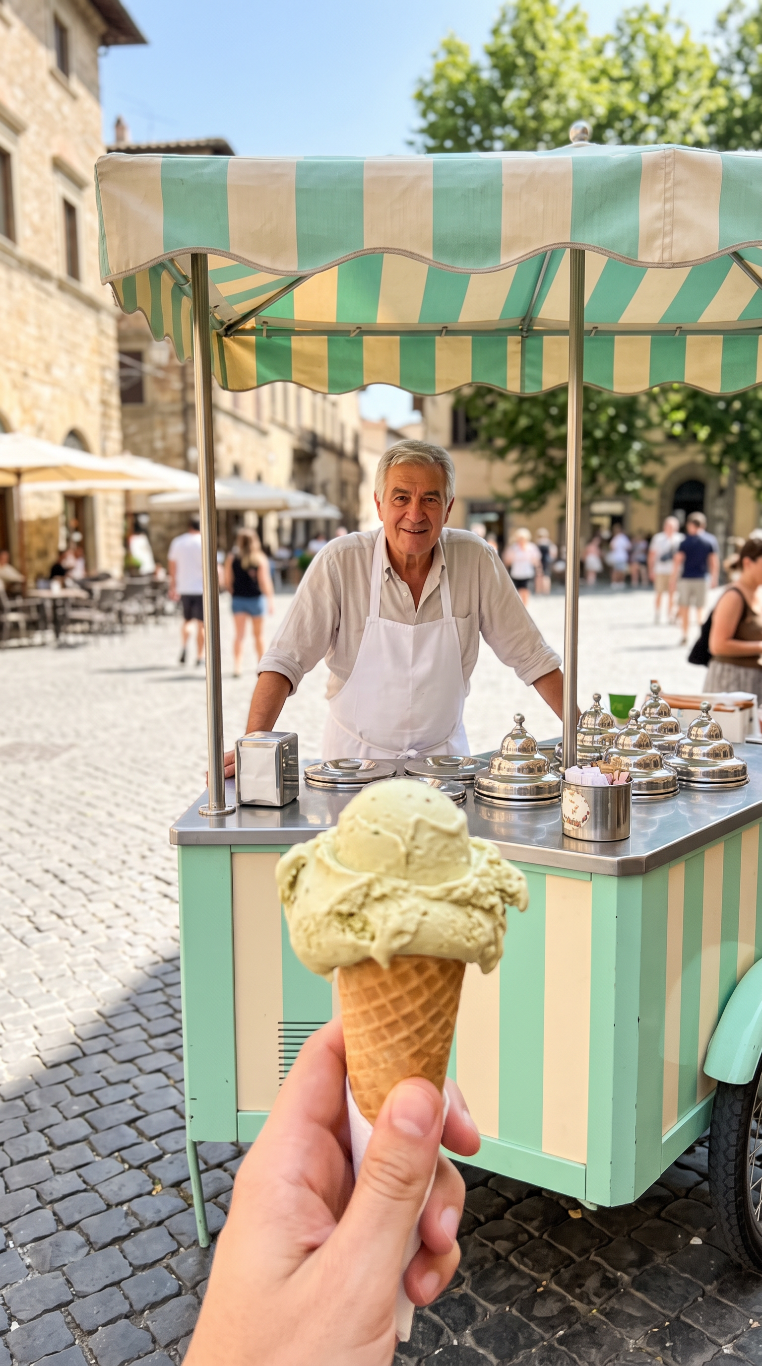 Nano Banana 2.1: a pistachio cone held up in front of a mint and cream striped gelato cart, the smiling owner behind it
