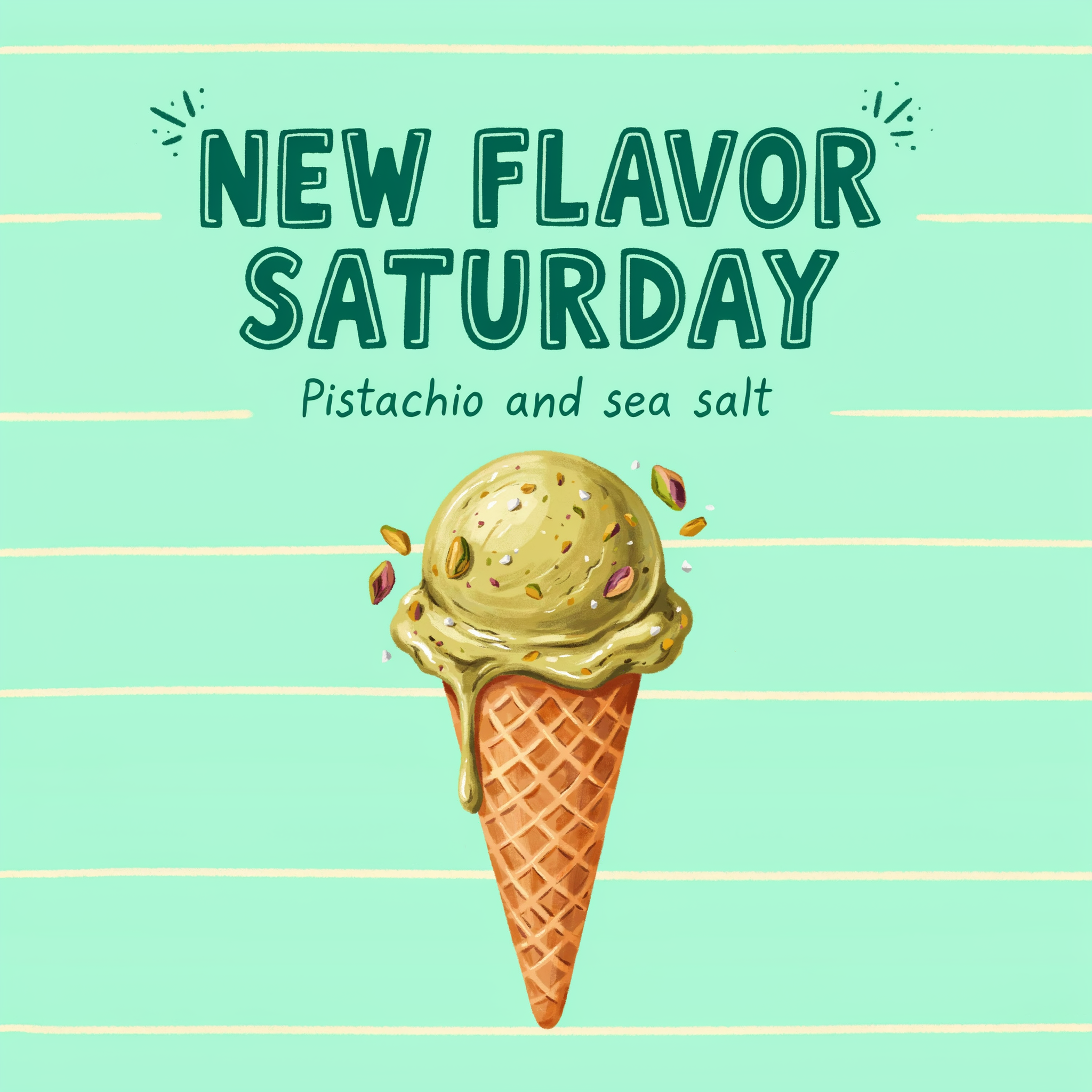 Ideogram 4.5: a mint striped square graphic reading NEW FLAVOR SATURDAY over a pistachio cone