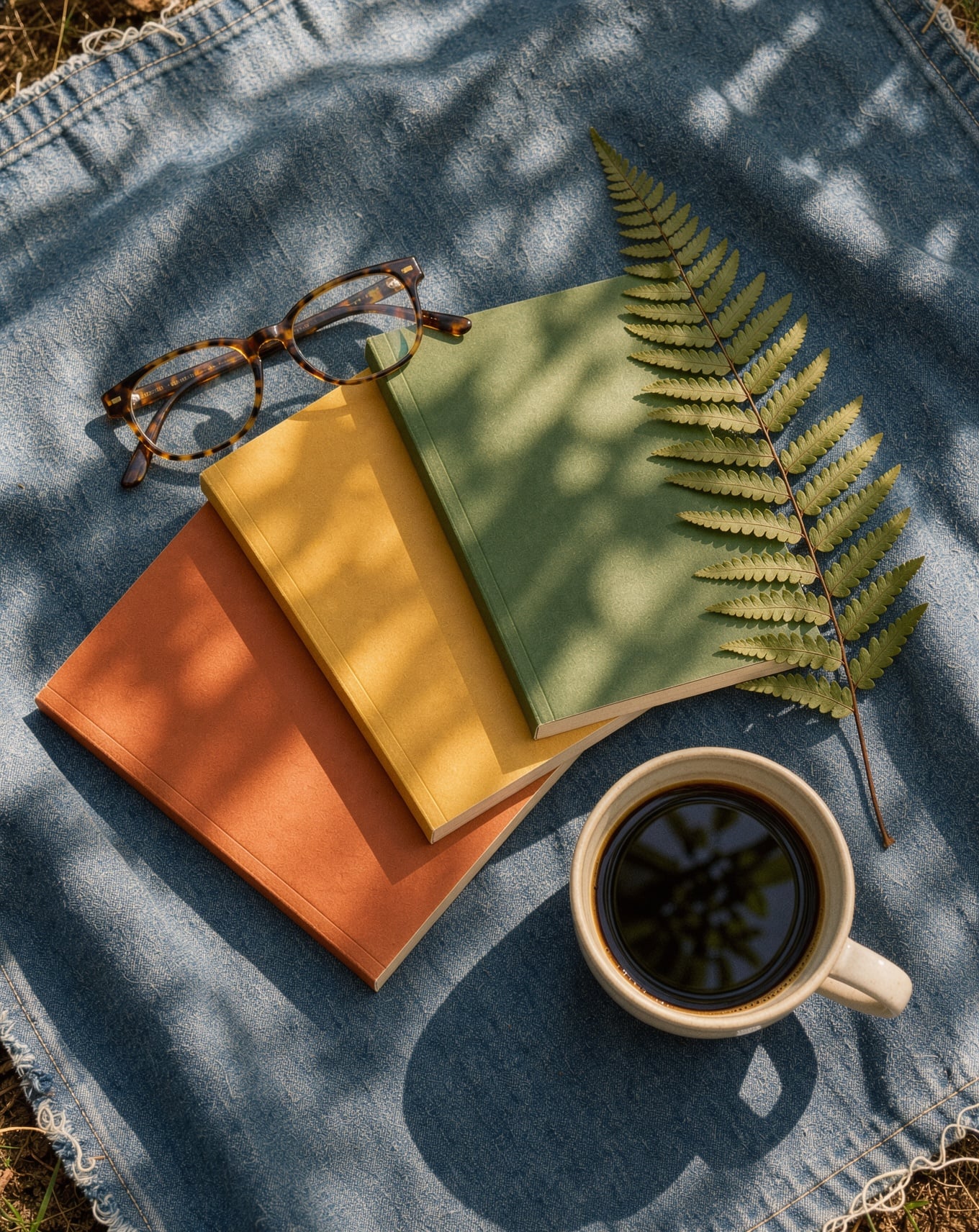 Three plain colored paperbacks, tortoiseshell glasses, a fern leaf and a black coffee on a denim blanket in dappled light