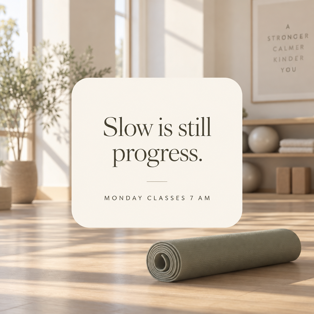 A quote card over a sunlit studio reading "Slow is still progress." with MONDAY CLASSES 7 AM beneath, and a rolled mat on the floor