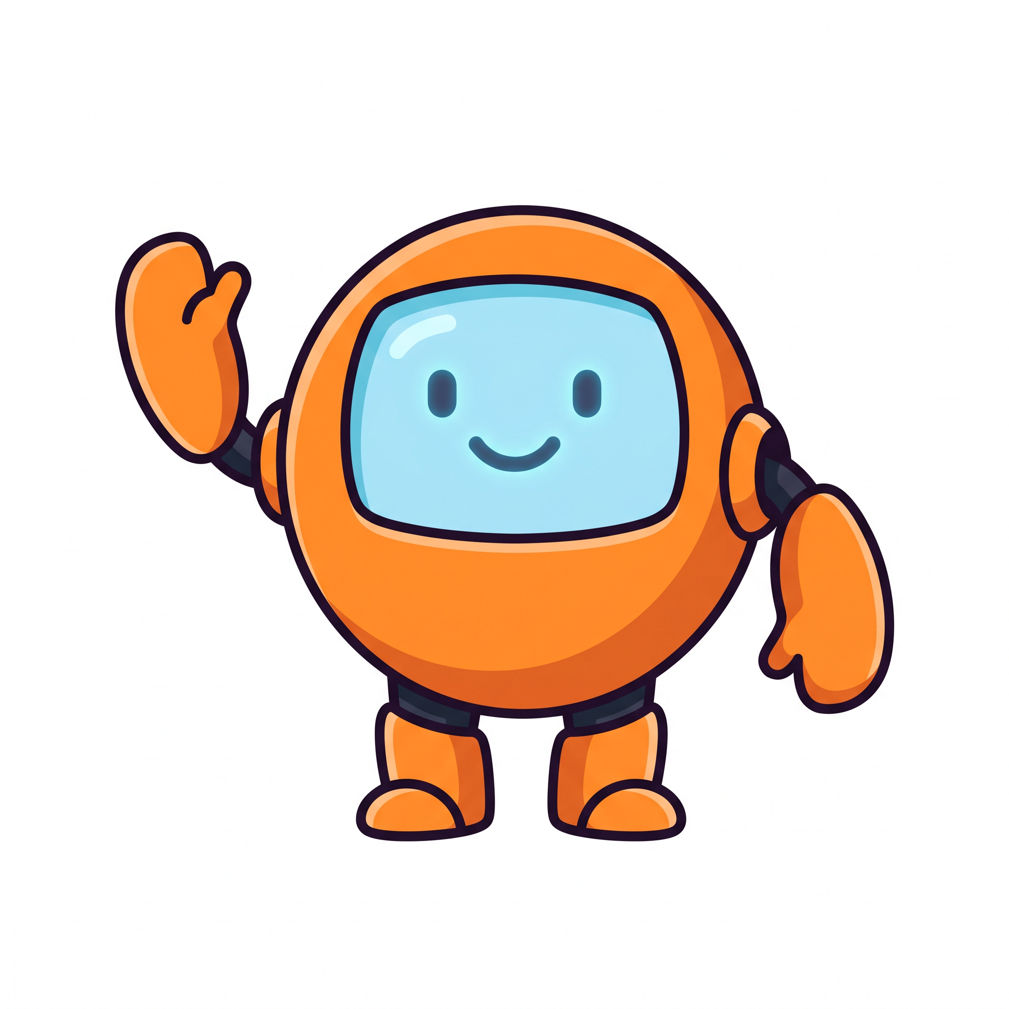 A round orange robot mascot with a light blue screen face and a smile, waving on a white background