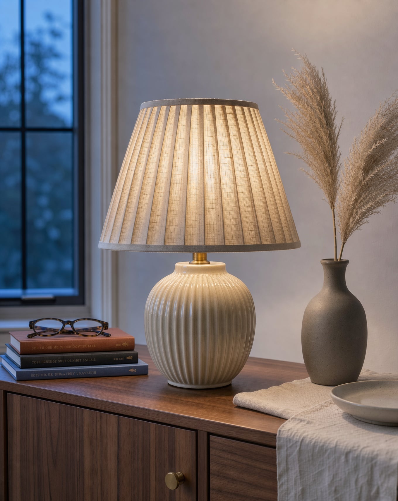 A ribbed ceramic table lamp with a pleated shade on a walnut sideboard beside books and a vase of dried pampas at dusk