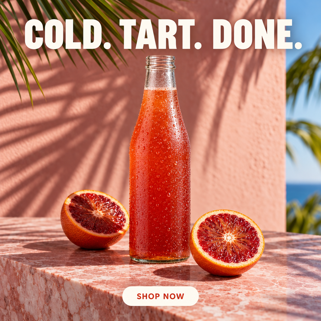 GPT Image 2.5: the soda bottle on pink marble with palm shadows and a sea view, cream headline and a white SHOP NOW pill