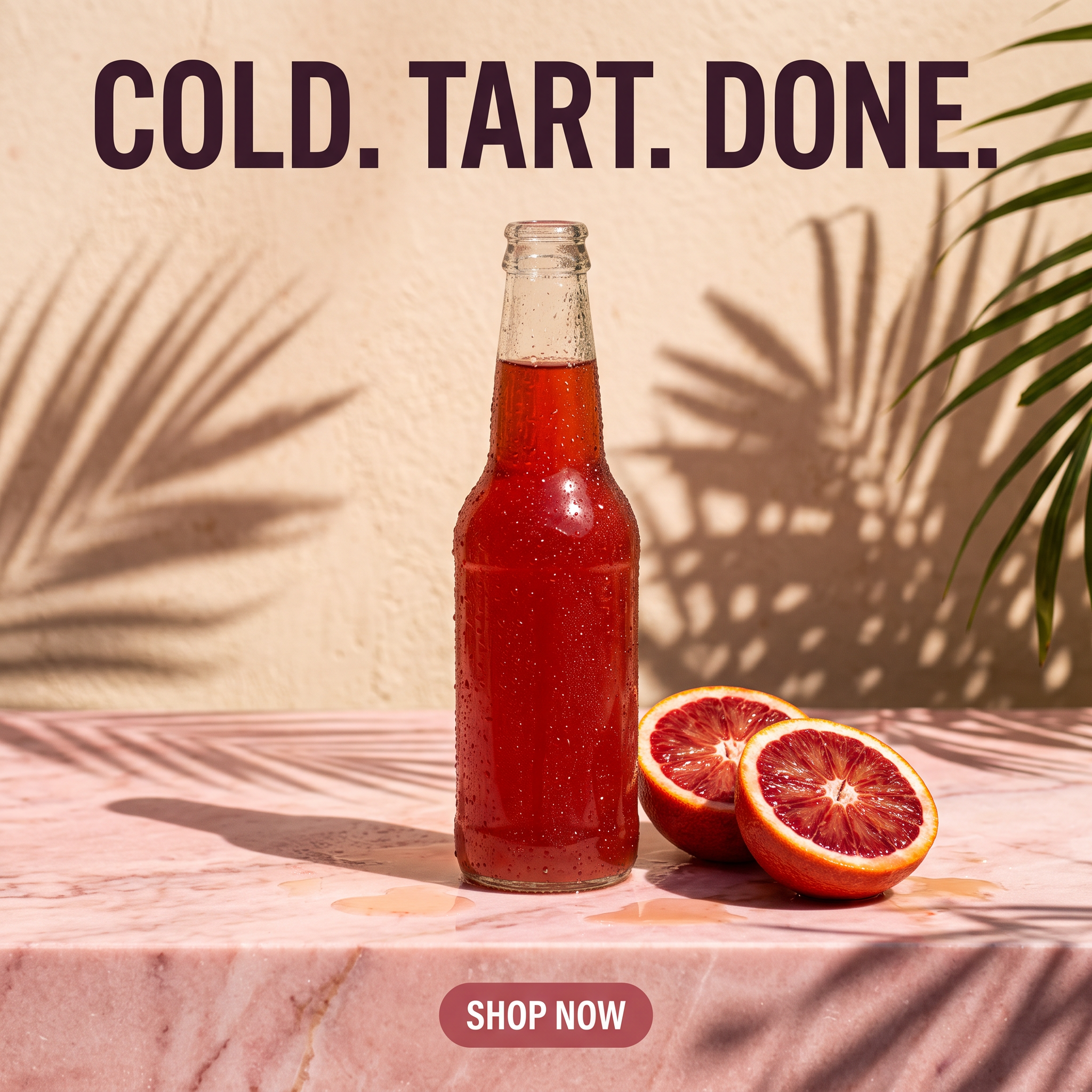 Nano Banana 2.1: plum colored headline on a peach wall with palm shadows, the bottle on pink marble and a maroon button