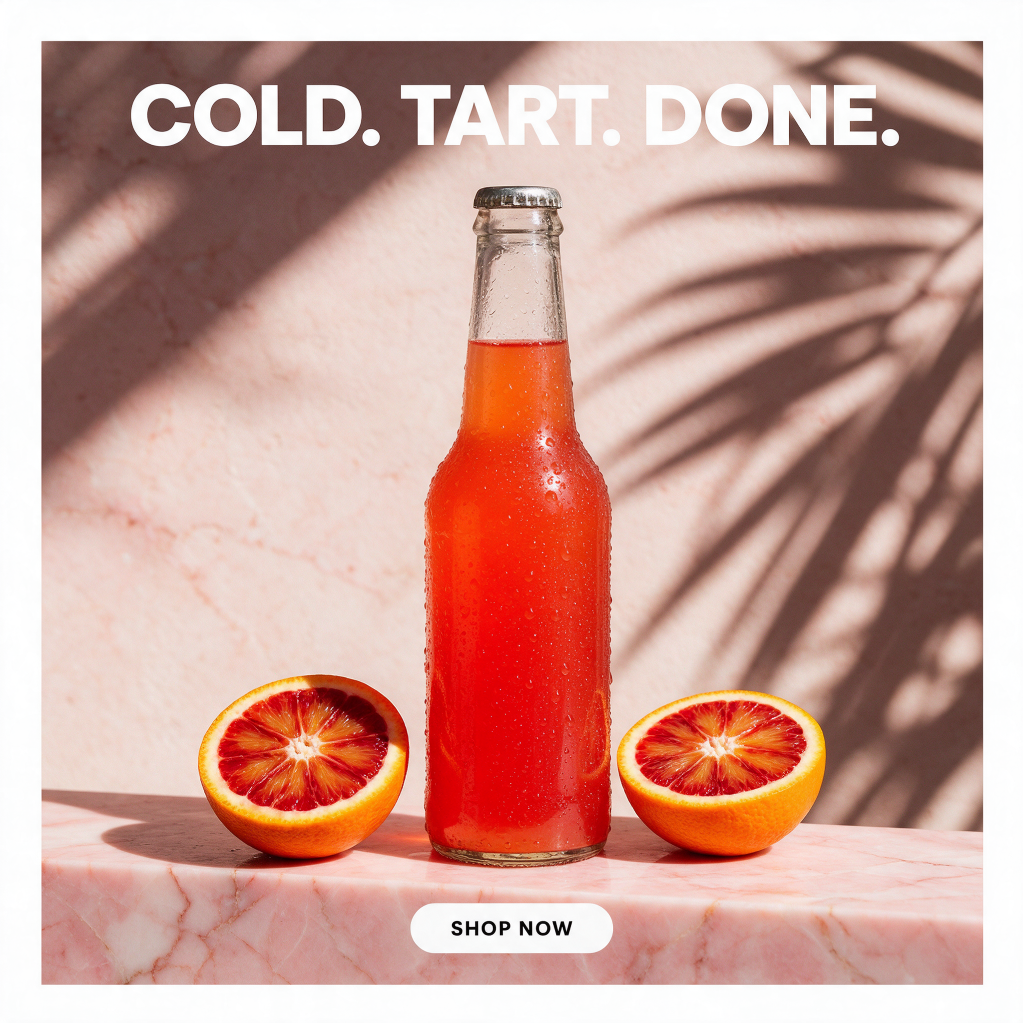 Seedream 5: white headline over a pink wall with palm shadows, the bottle centered on pink marble