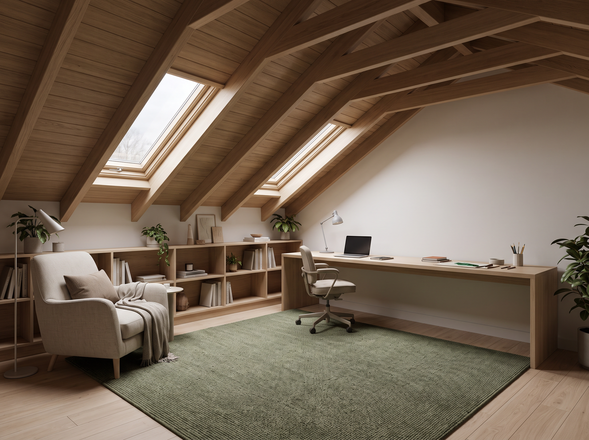 An attic studio under a sloped timber ceiling with two skylights, white oak shelves, a long desk, a reading chair and a green wool rug