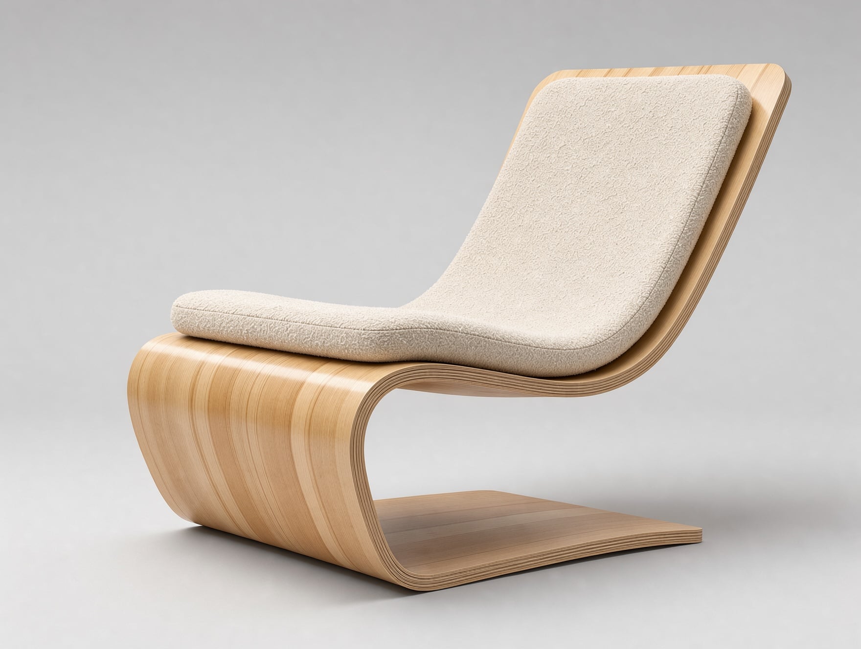 A lounge chair bent from one sheet of birch plywood with a cream boucle cushion on a pale gray studio sweep