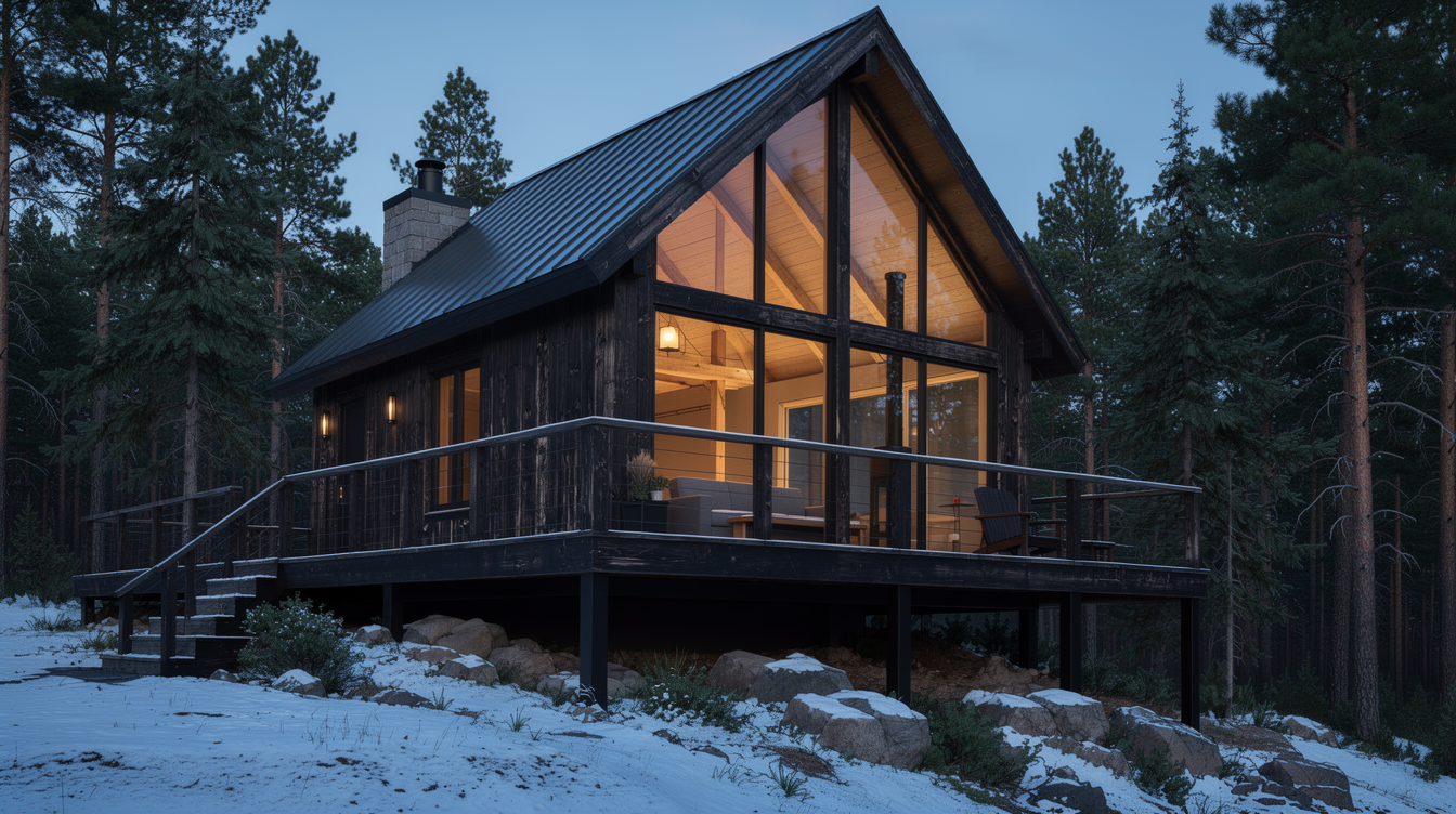FLUX 2 Pro: the cabin rendered among tall pines on a snowy slope with warm lit windows