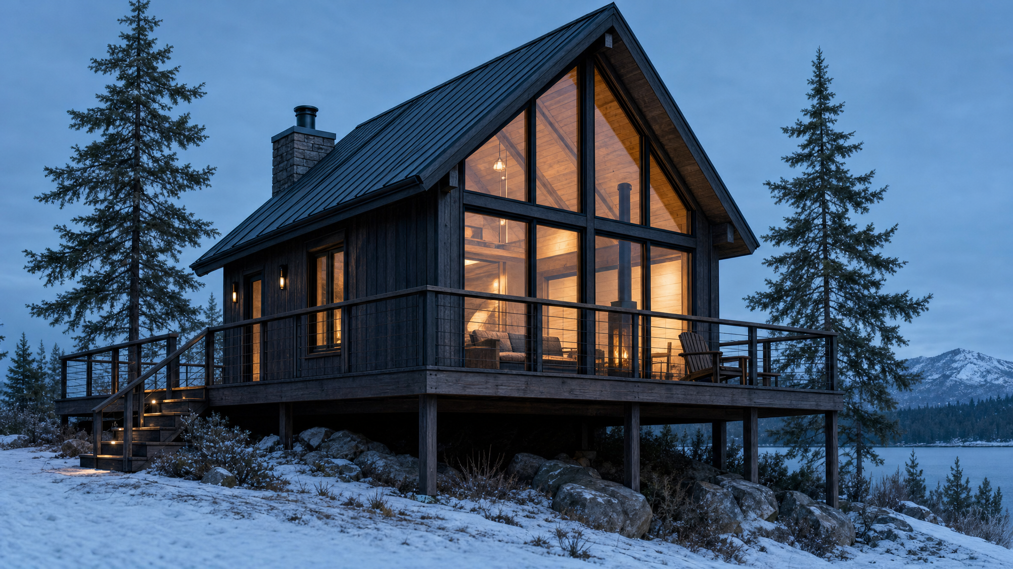 GPT Image 2 Edit: the cabin rendered in dark timber with glowing windows, snow, two pines and a lake behind