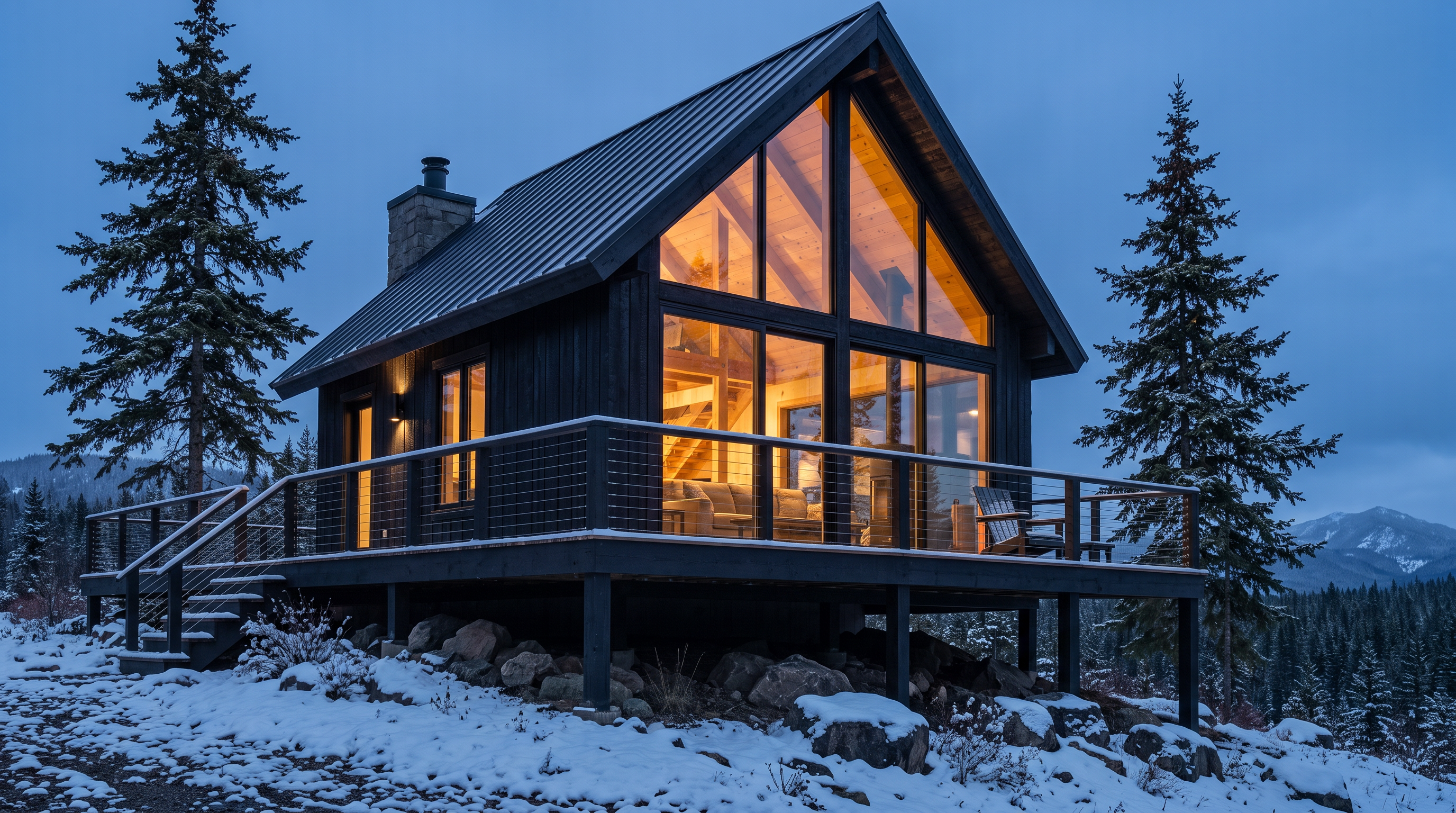 Nano Banana Edit: the cabin rendered at blue hour with a bright interior glow and mountains behind