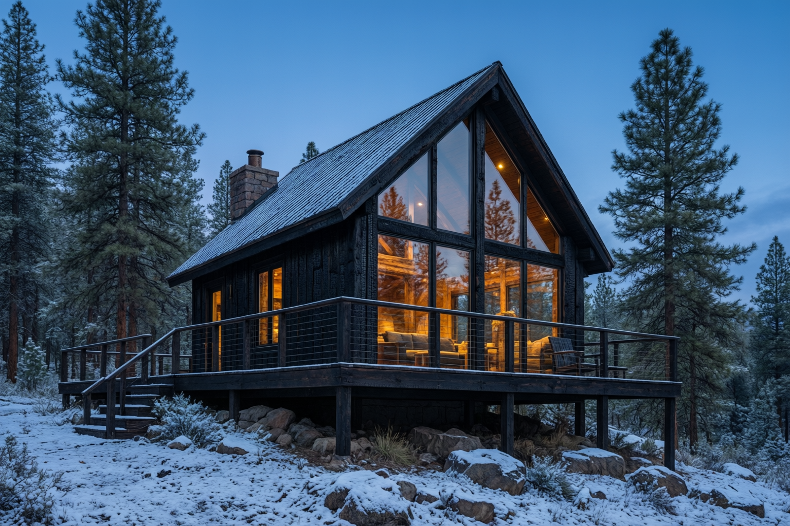 Qwen Image 2 Edit: the cabin rendered with a rocky snowy foreground and a taller pine forest