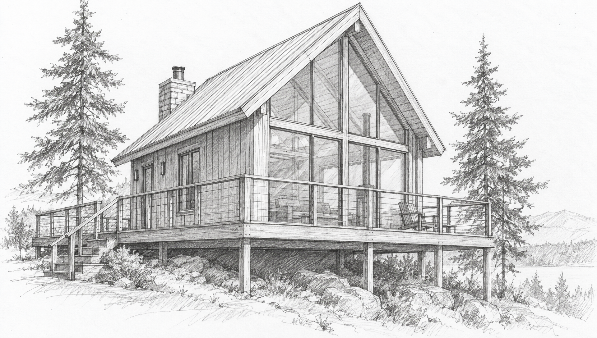 A loose graphite pencil sketch of a timber cabin with a steep gable roof, glass front, wraparound deck and two pines
