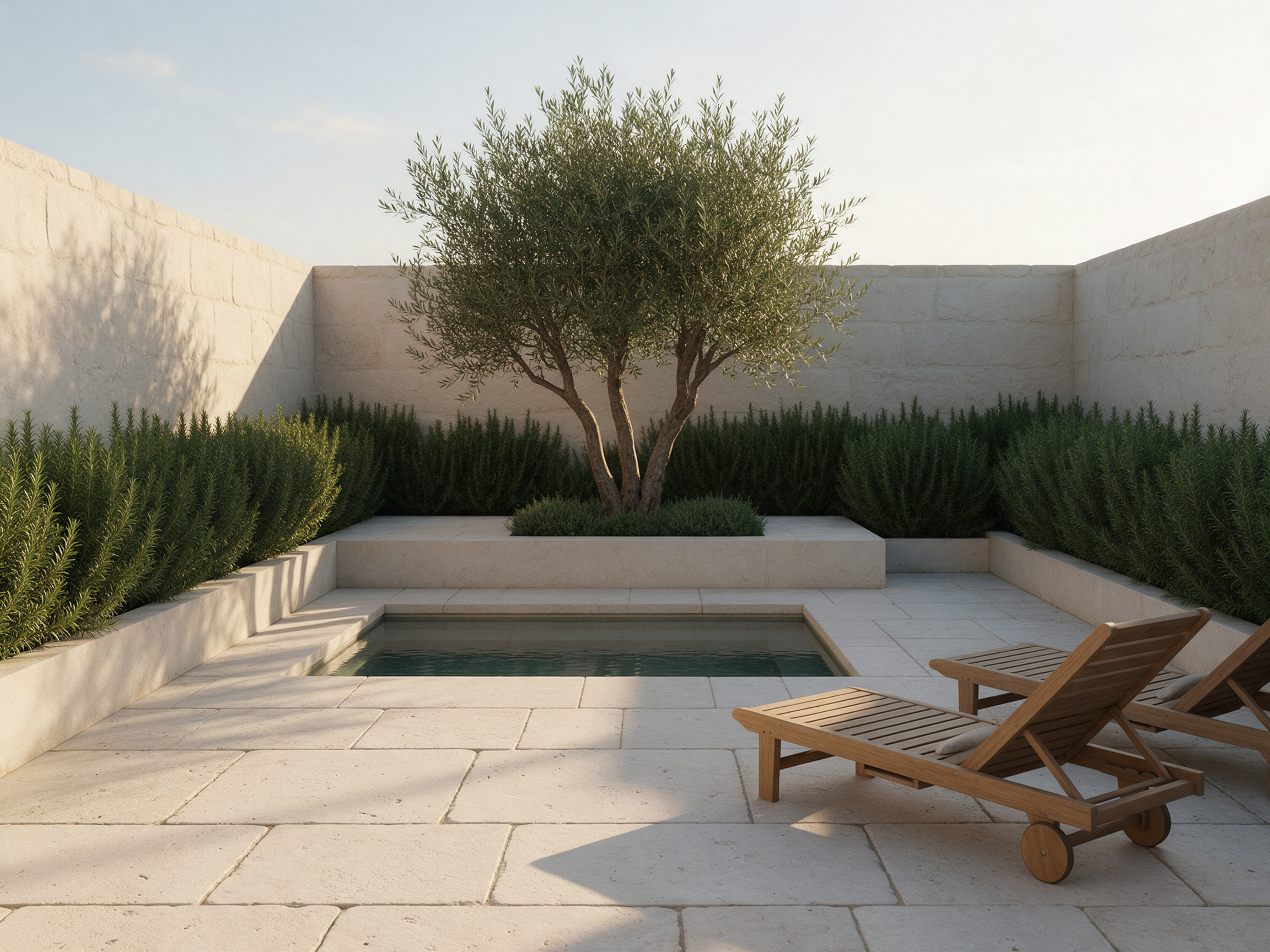 A walled courtyard with limestone pavers, a reflecting pool, an olive tree in a raised planter, rosemary hedges and two teak loungers