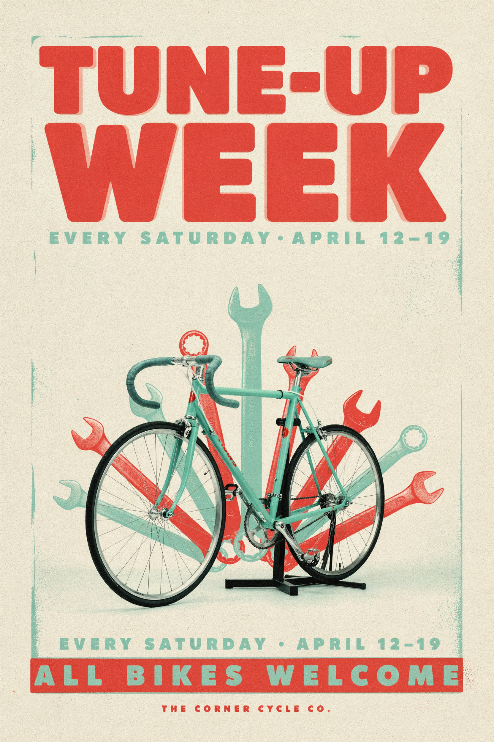 A cream poster reading TUNE-UP WEEK and ALL BIKES WELCOME around a mint green road bike on a stand with red and mint spanners fanned behind it