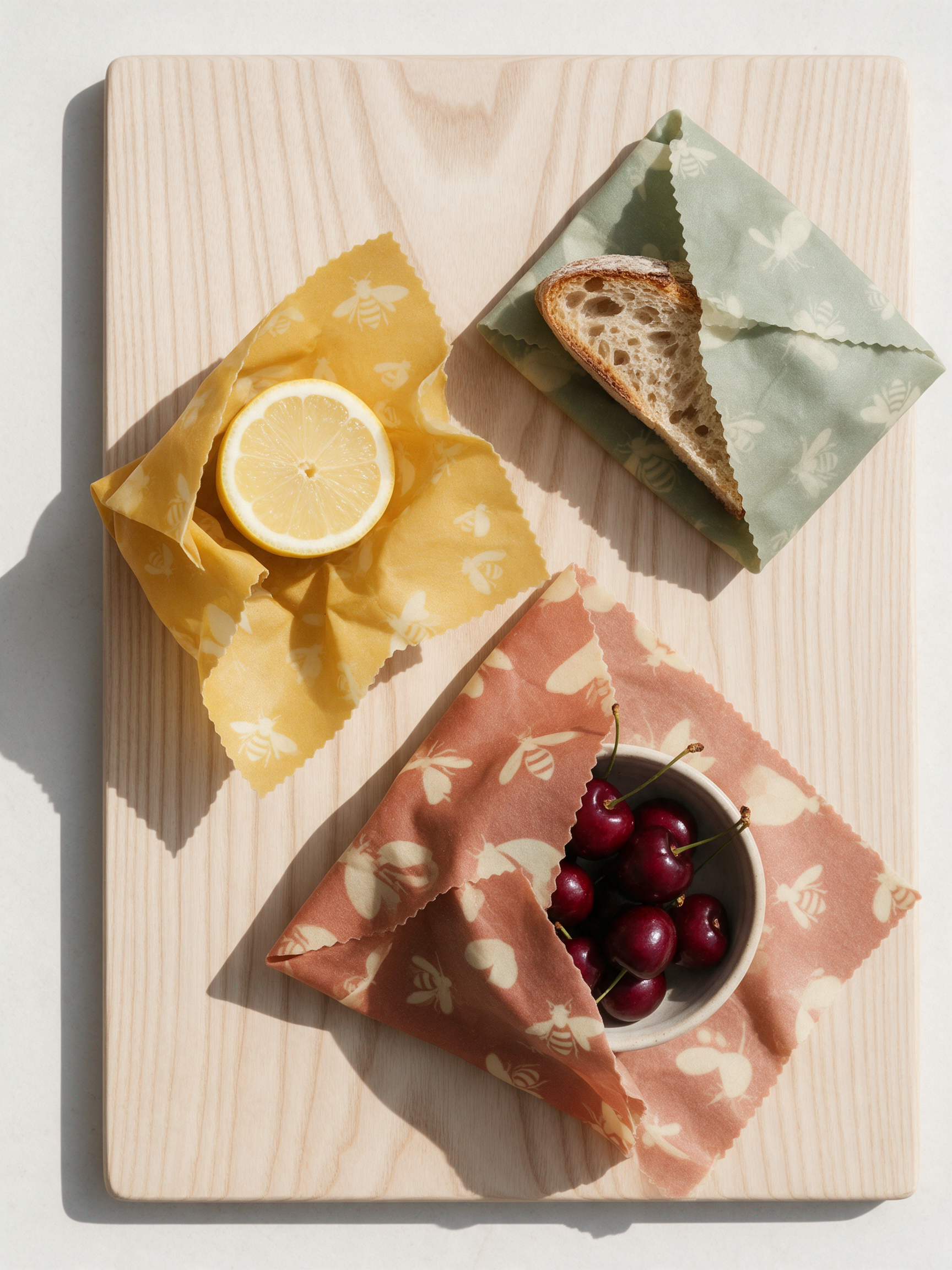 Top down flat lay of mustard, sage and terracotta beeswax wraps around half a lemon, a bread heel and a bowl of cherries