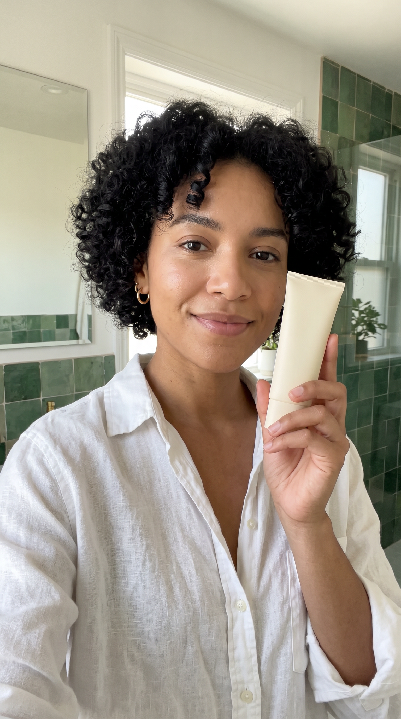 Step 1: a woman with short black curls and gold hoops holds a plain cream tube by her cheek in a green tiled bathroom