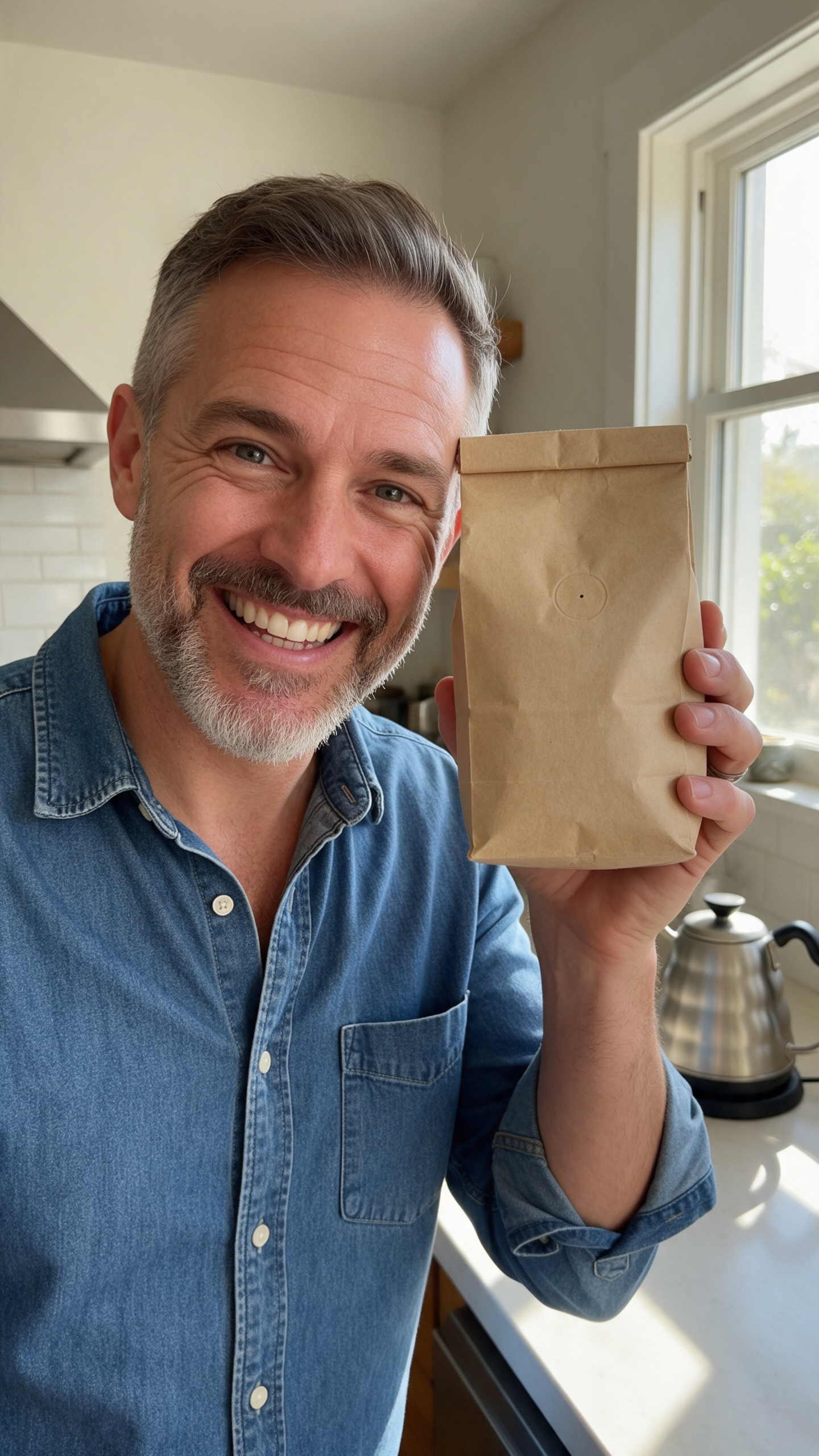 A grinning man in his forties with a grey beard and a denim shirt holds a plain kraft coffee bag beside his face in a sunny kitchen