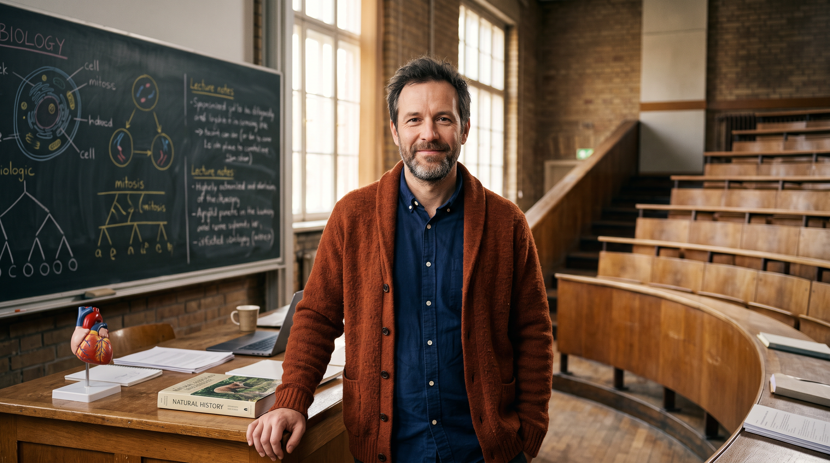A biology lecturer in his forties with a salt and pepper beard and a rust cardigan stands in a wooden lecture hall in front of a chalkboard