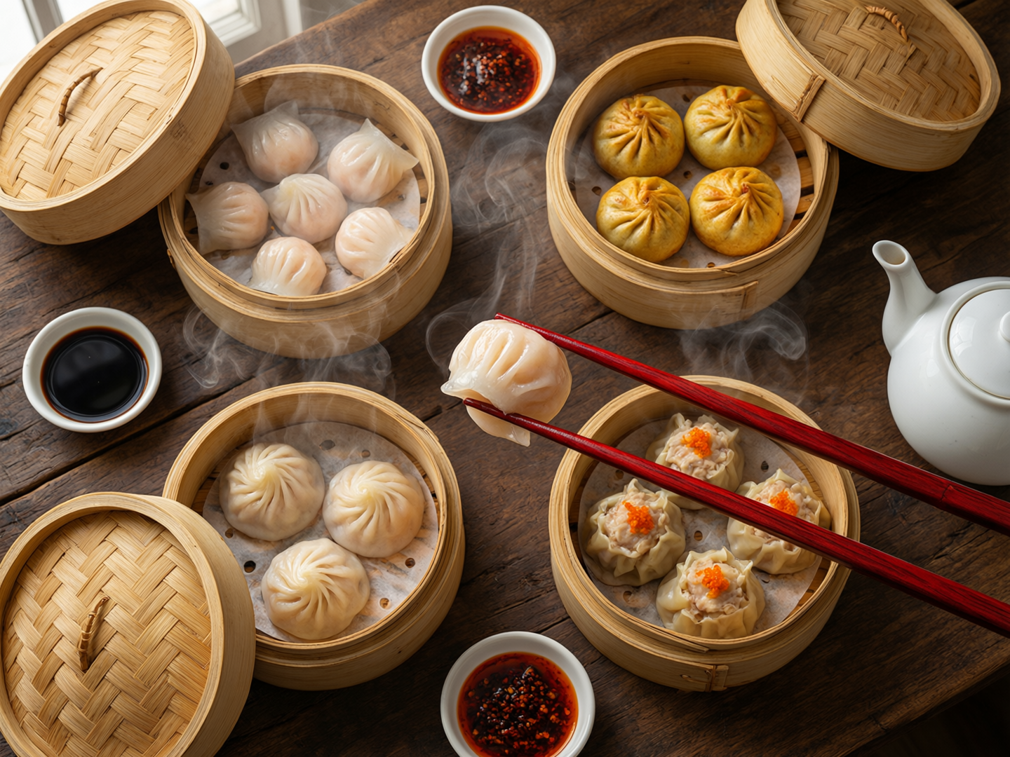 High angle view of four open bamboo steamers of shrimp dumplings, golden pan fried buns, pleated dumplings and roe topped dumplings on a dark walnut table, red chopsticks lifting a translucent dumpling, dishes of chili oil and black vinegar and a white teapot