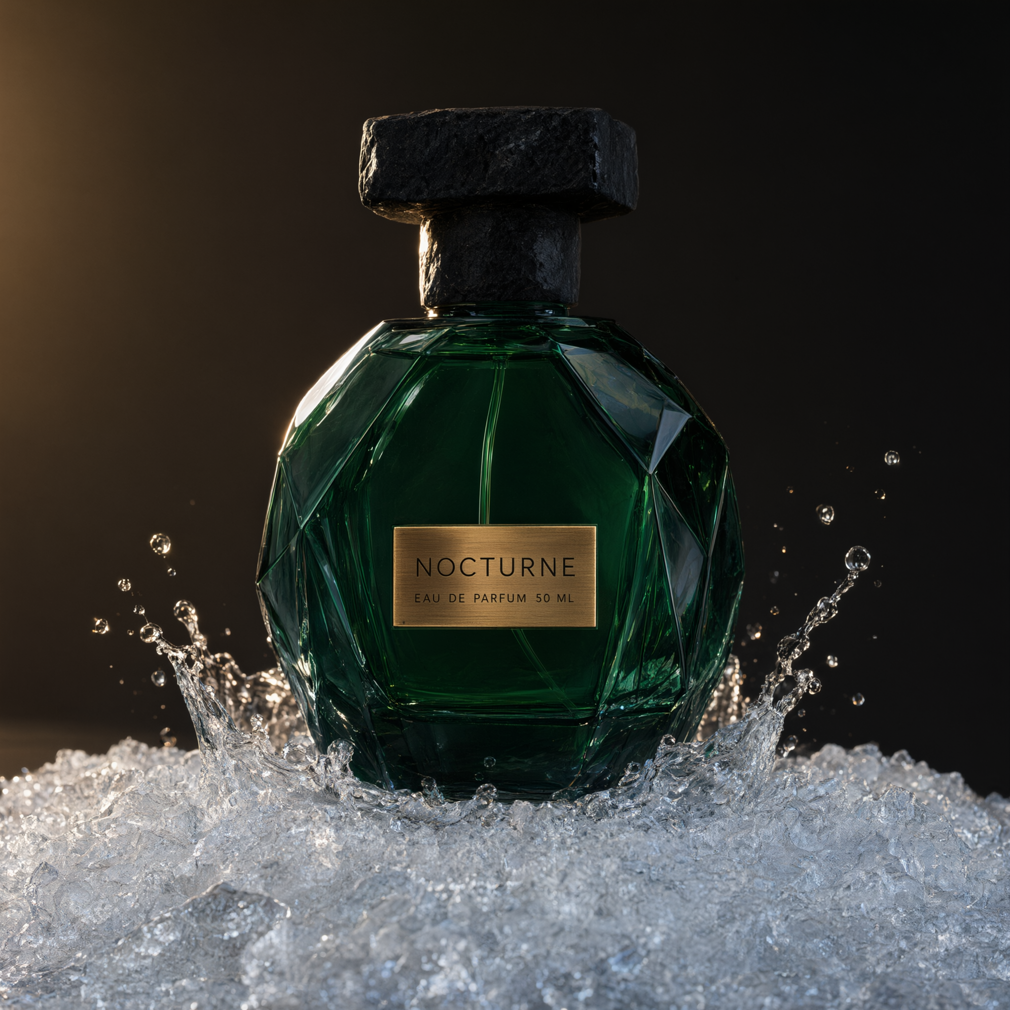 The amber perfume shot edited to deep emerald green glass sitting in a bed of crushed ice, with the same black stone cap, water splash and NOCTURNE brass label