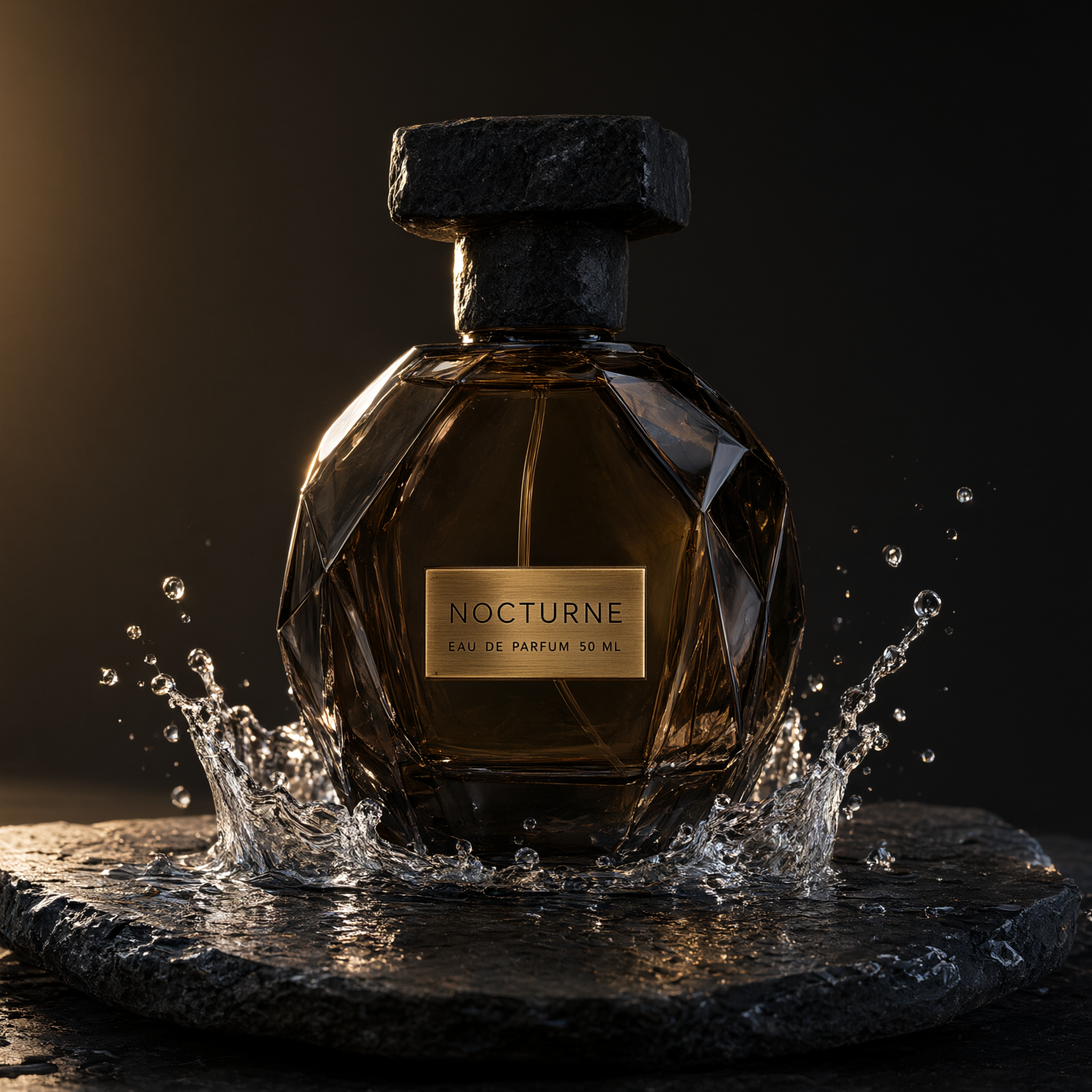 A faceted smoky amber perfume bottle with a rough black stone cap in a crown of water splash on wet black slate, its brushed brass plate reading NOCTURNE and EAU DE PARFUM 50 ML, against a charcoal backdrop with a warm edge light