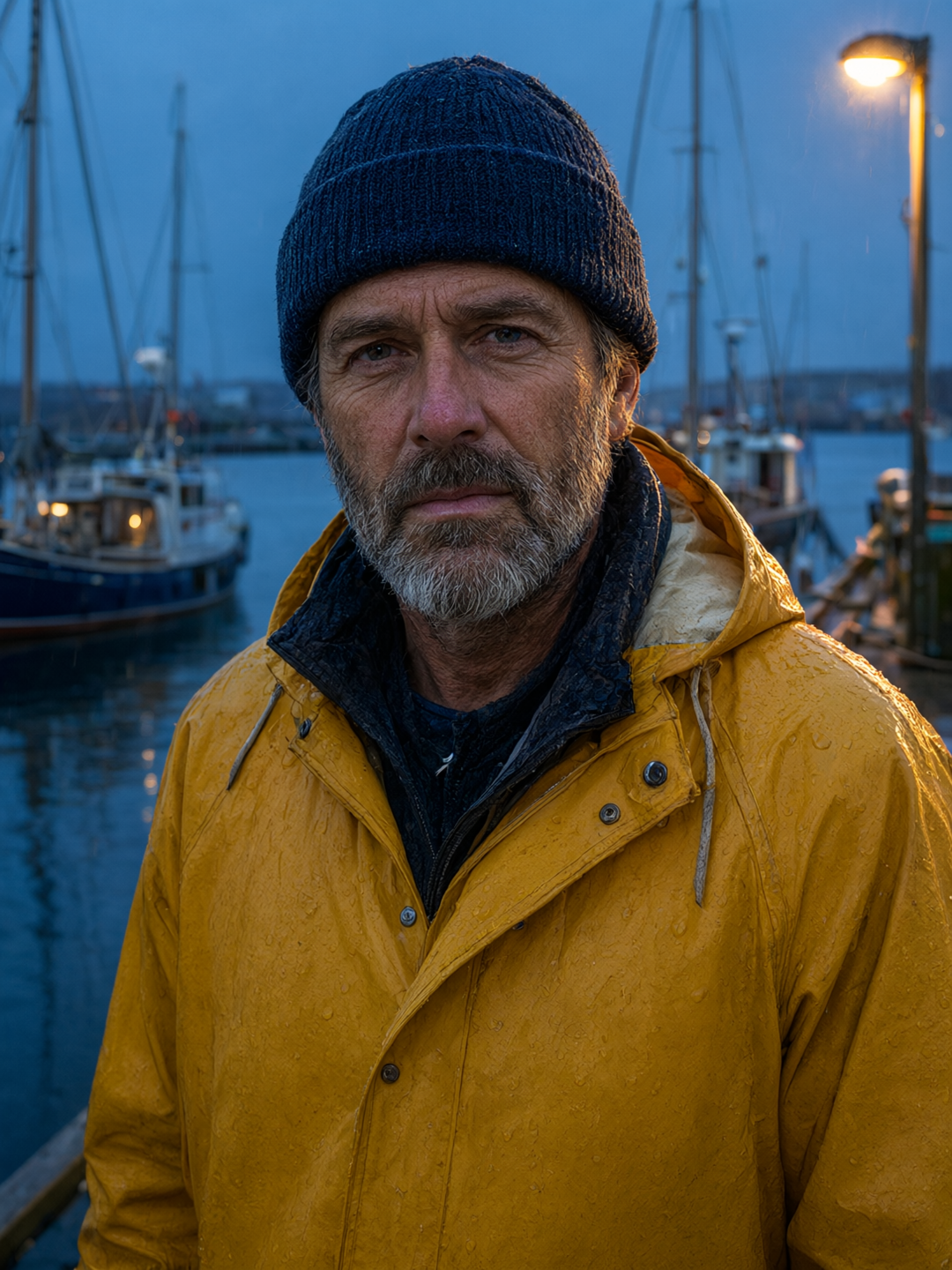 Close portrait of a bearded fisherman in a navy knit cap and a rain beaded saffron yellow oilskin jacket on a harbor pier at blue hour, a dock lamp glowing in the background at the top right, soft warm light on his face and blurred boat masts behind