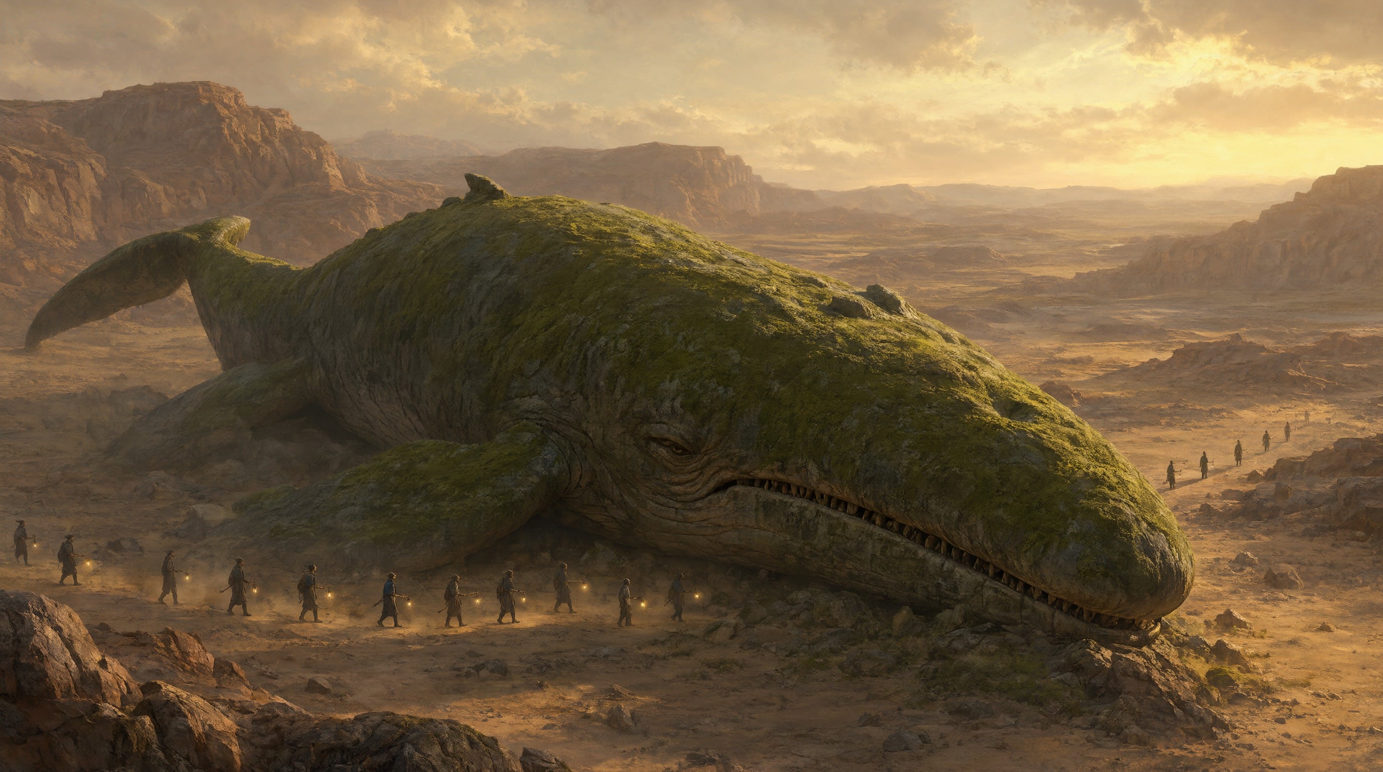 Matte painting of a colossal moss covered stone whale resting in a desert canyon at dawn, a line of tiny travelers with glowing lanterns walking past its jaw through golden dust