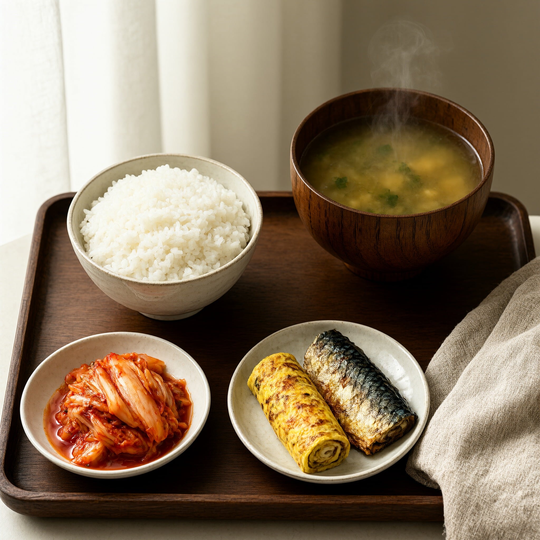 Korean breakfast on a dark walnut tray: a bowl of white rice, kimchi, a rolled omelette beside grilled mackerel, and steaming soup in a wooden bowl, with a linen napkin in soft window light