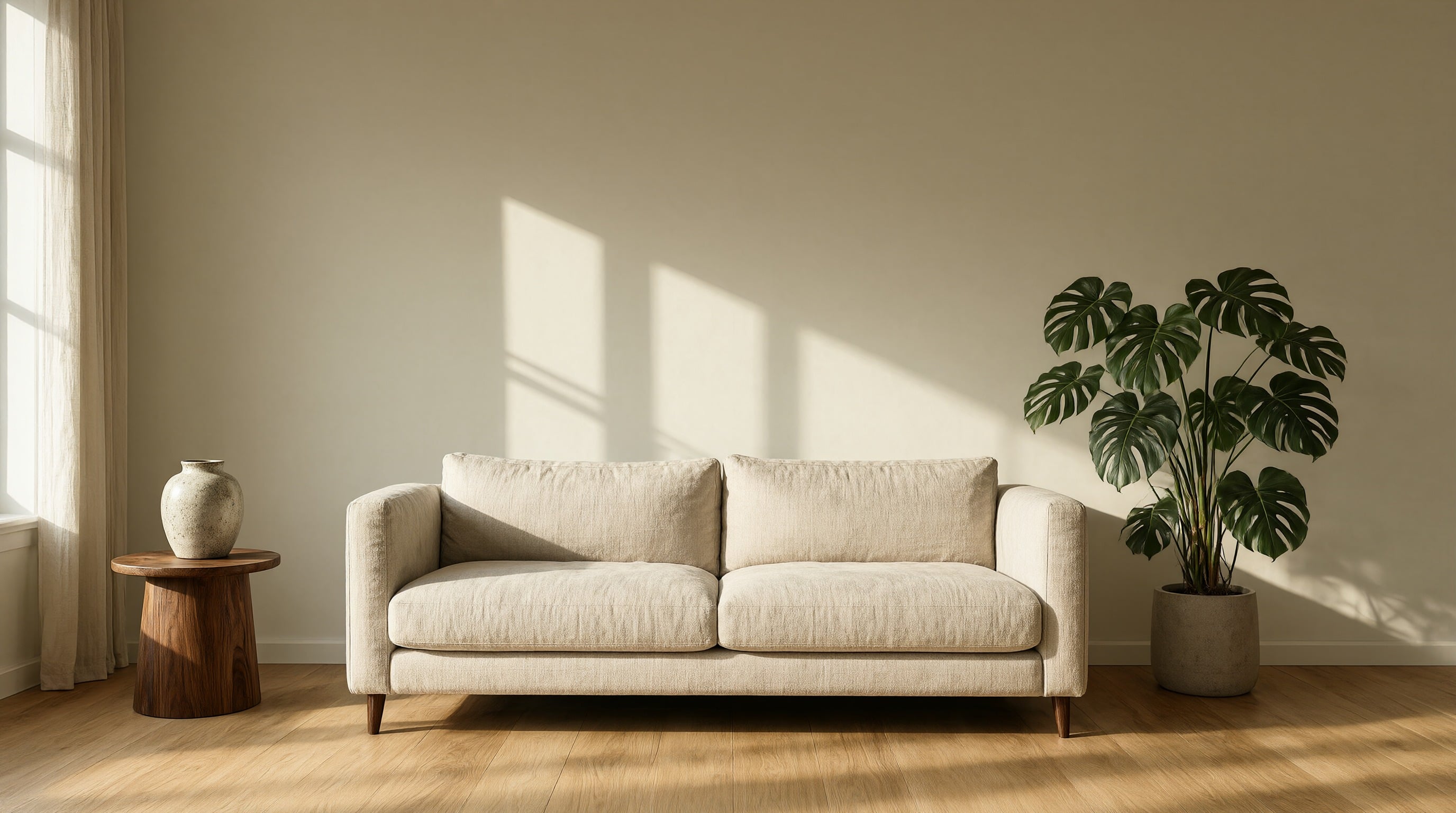 Scandinavian living room with pale oak floors, a linen armchair and sofa, a tall monstera in a stone pot and a round ceramic vase on a walnut side table, low sun throwing window shadows across a cream wall