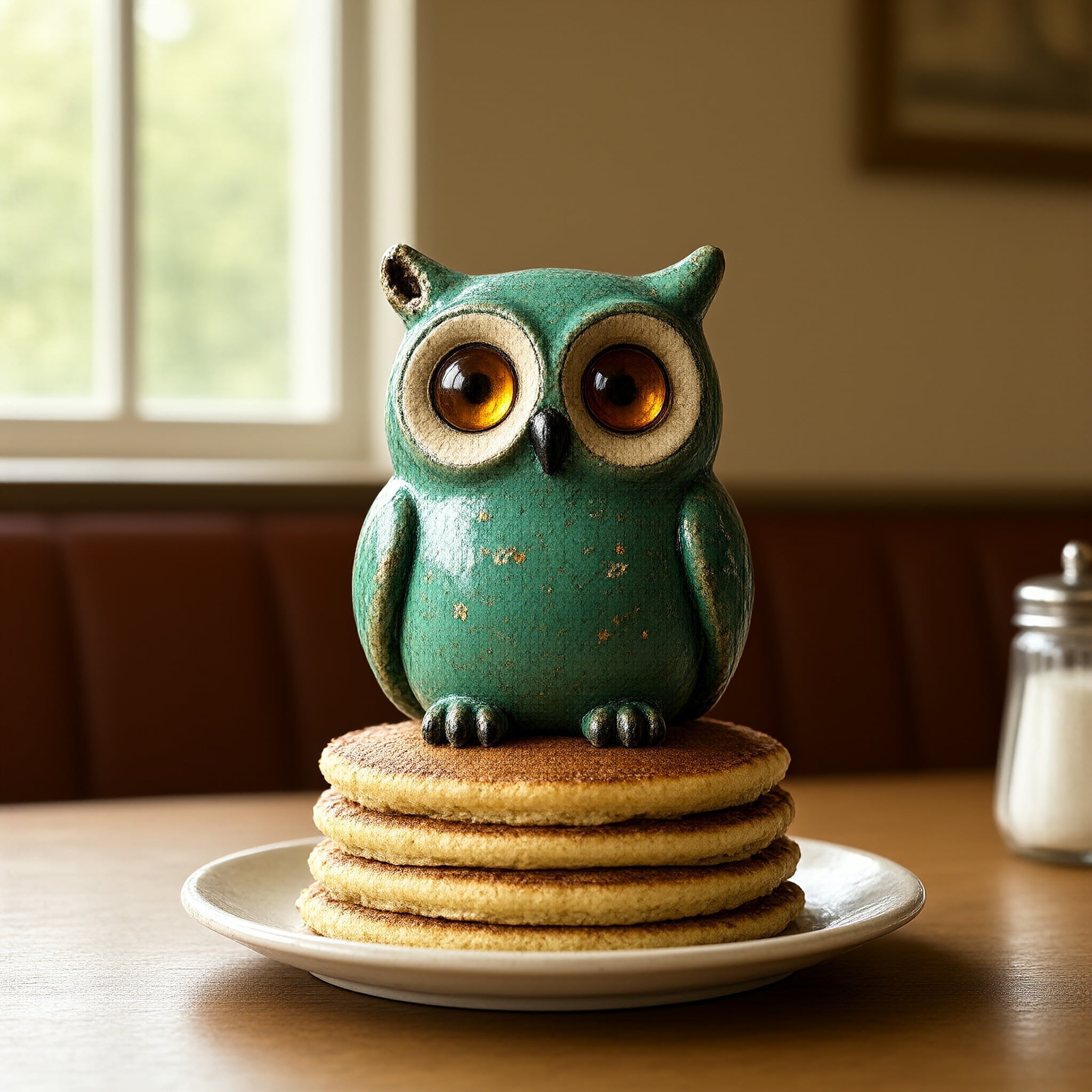 A green glazed ceramic owl figurine with amber glass eyes, the subject of a custom LoRA, perched on a stack of pancakes on a diner plate beside a sunny window