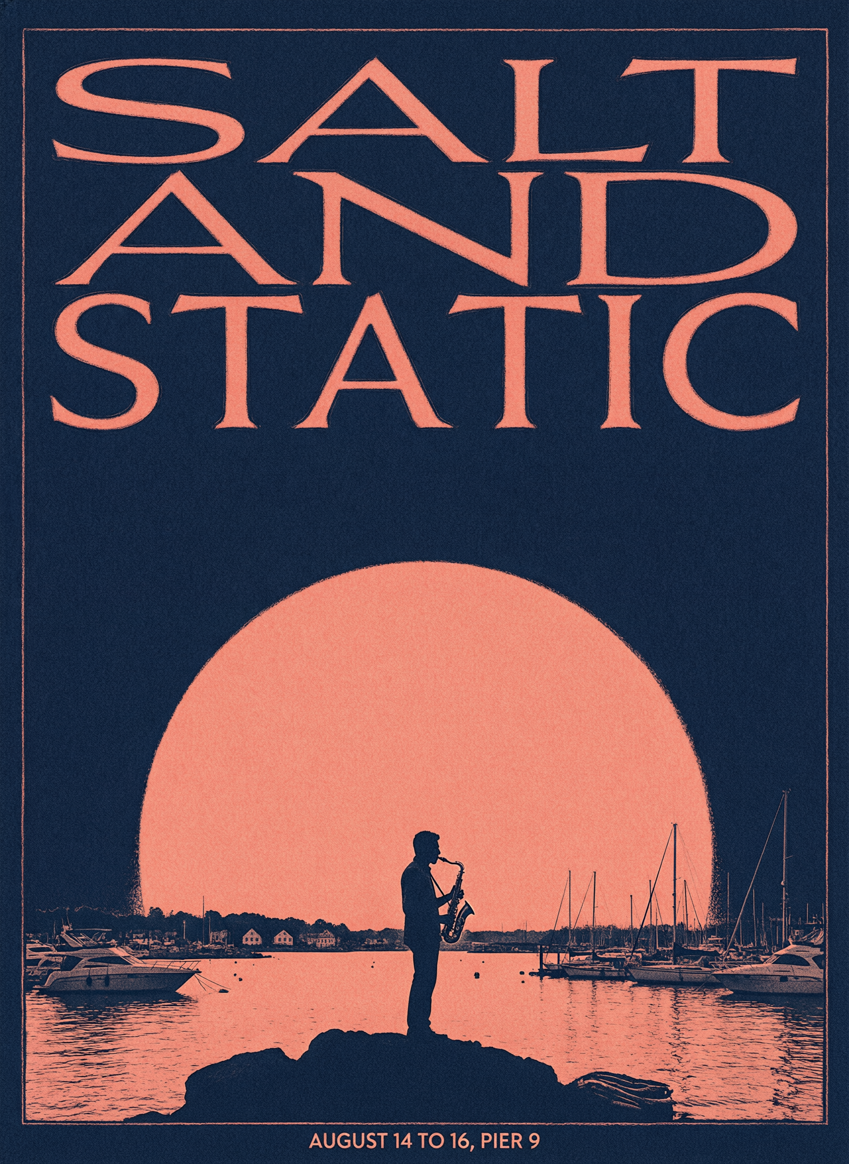 Qwen Image 2.0 Pro version of the SALT AND STATIC poster, the title stacked in a classic coral serif above a coral moon and a saxophonist on harbor rocks, inside a thin coral frame
