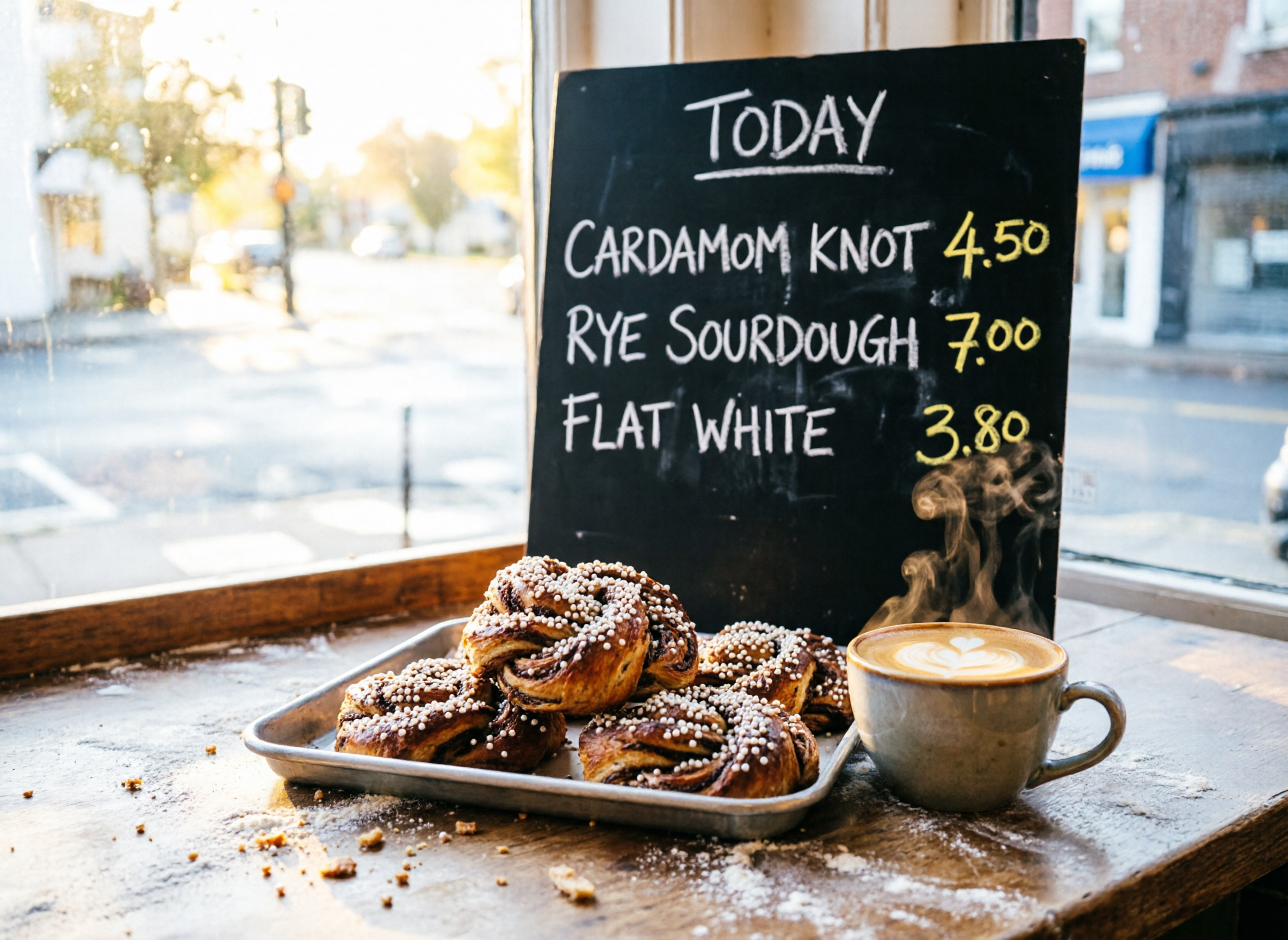 Tray of twisted pastry knots topped with pearl sugar and a flat white with a heart in the foam on a flour dusted counter, in front of a chalkboard reading TODAY, CARDAMOM KNOT 4.50, RYE SOURDOUGH 7.00 and FLAT WHITE 3.80, with low sun through the bakery window