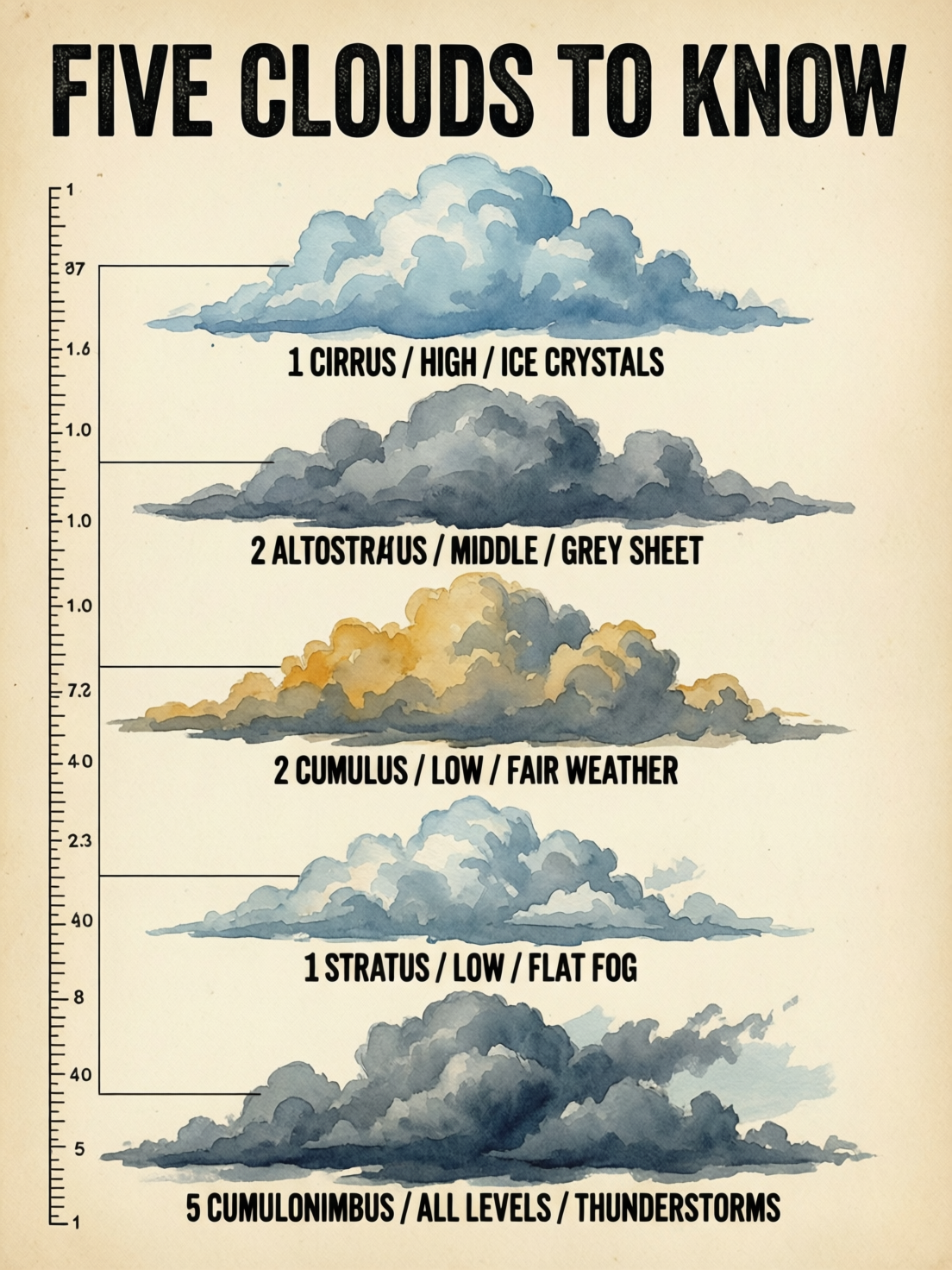 Watercolor chart titled FIVE CLOUDS TO KNOW in heavy black capitals with five full, rounded clouds in blue, grey and ochre stacked top to bottom, labels running from 1 CIRRUS / HIGH / ICE CRYSTALS to 5 CUMULONIMBUS / ALL LEVELS / THUNDERSTORMS, and a ruled scale down the left edge