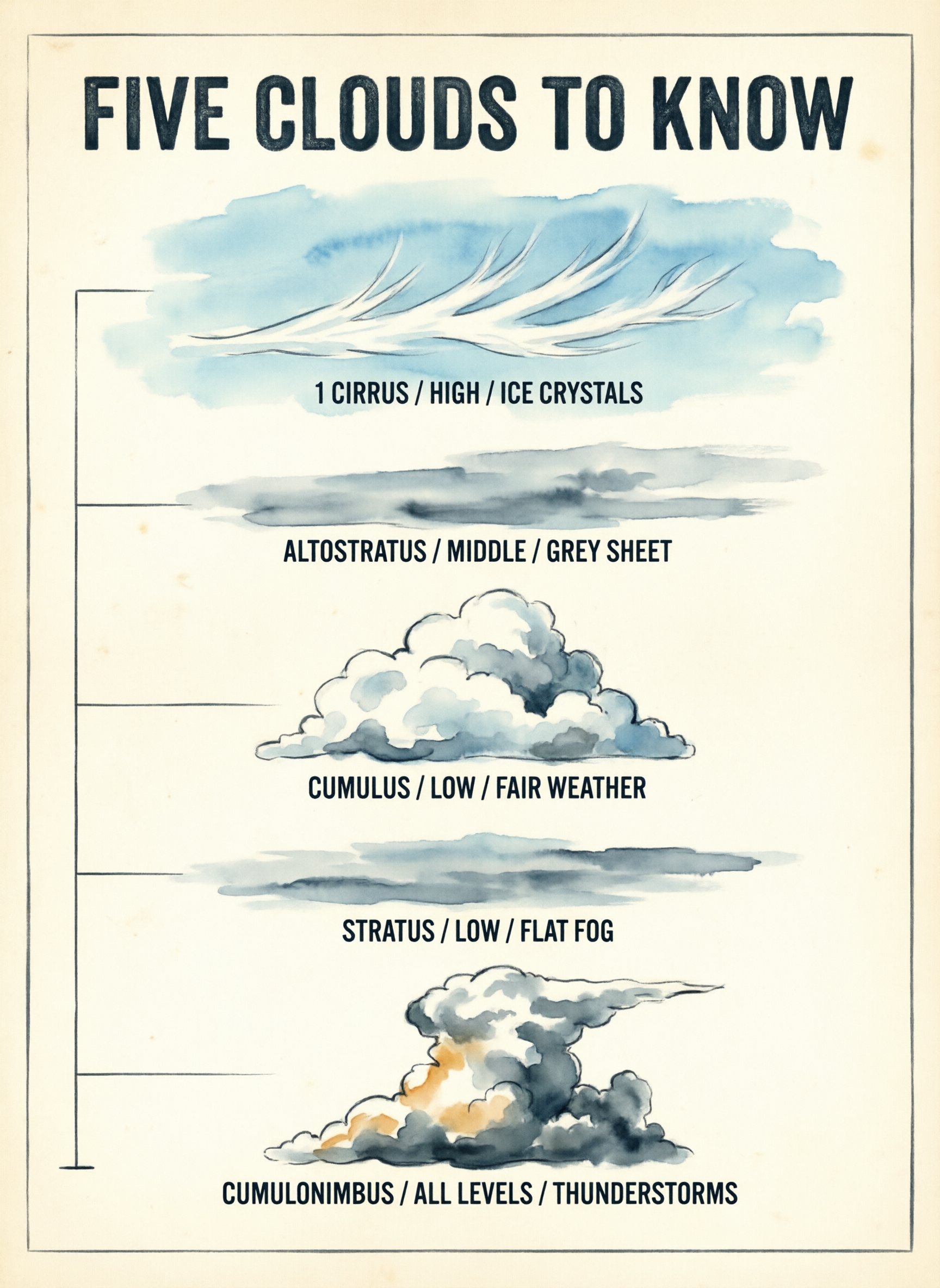 Watercolor field guide titled FIVE CLOUDS TO KNOW on cream paper with a feathery cirrus, a grey altostratus sheet, a white cumulus, flat stratus bands and a towering cumulonimbus stacked top to bottom, each with its label, and a bracket down the left edge