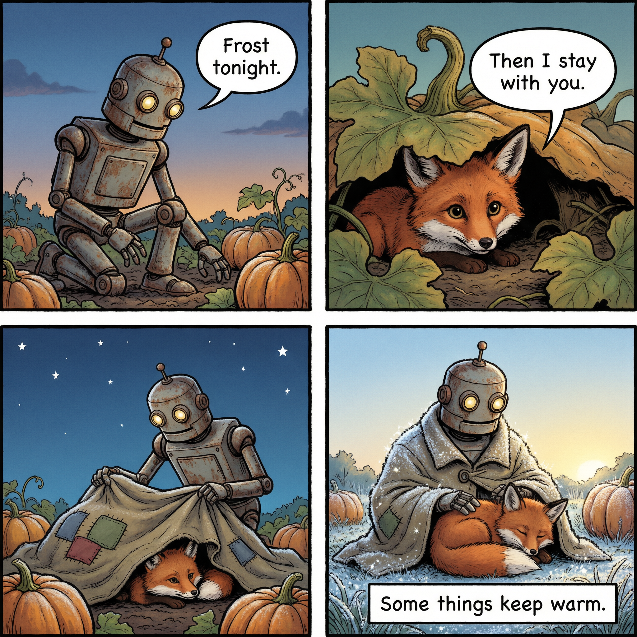 Four panel inked comic of a rusty garden robot and a red fox in a pumpkin patch with the lines Frost tonight, Then I stay with you and Some things keep warm, ending with the fox asleep in the robot lap under a frosted patched coat at sunrise