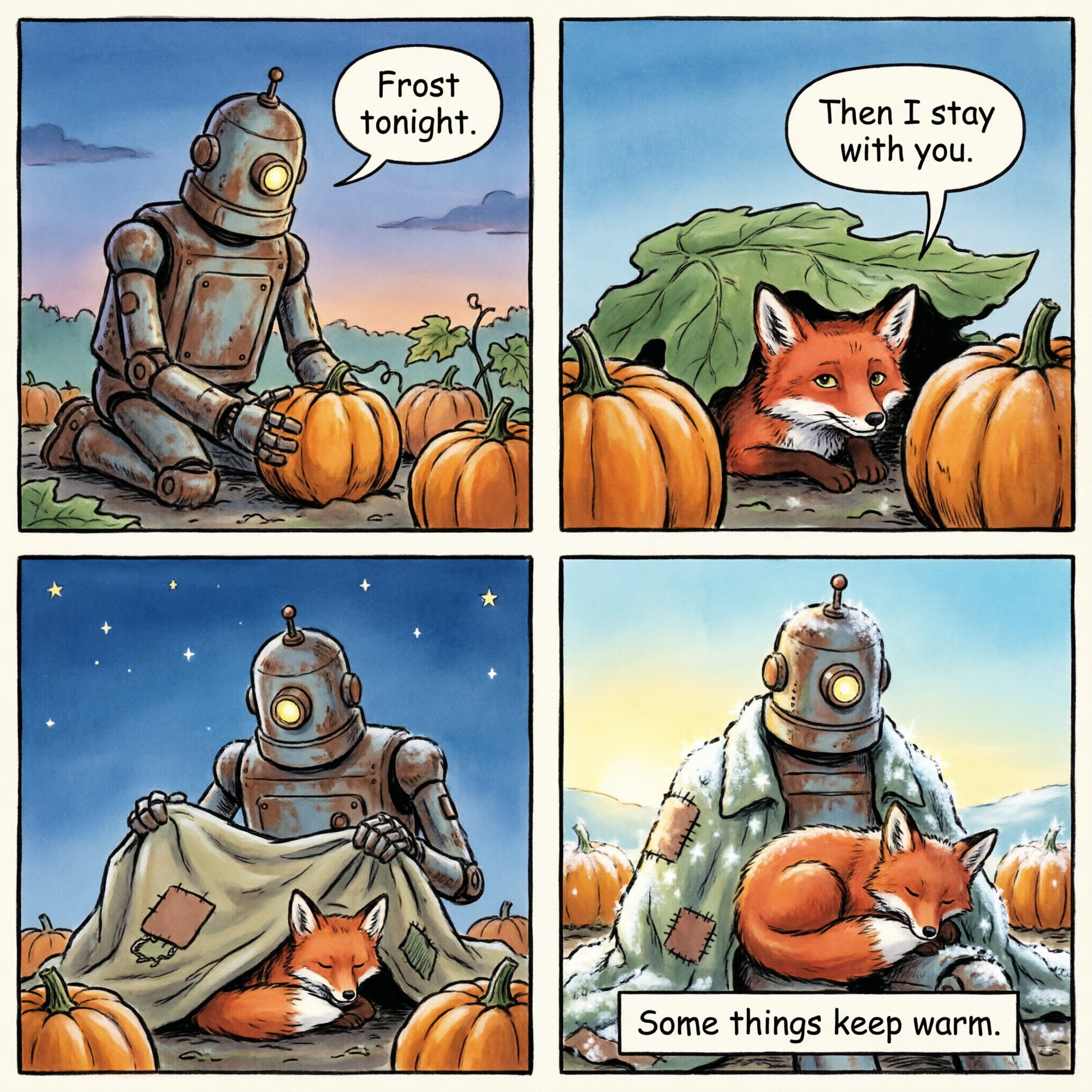 Four panel ink and watercolor comic of a rusty one eyed garden robot and a red fox in a pumpkin patch: the robot says Frost tonight, the fox says Then I stay with you from under a pumpkin leaf, the robot covers the fox with a patched coat under the stars, and the fox sleeps in its lap on a frosty morning under the caption Some things keep warm