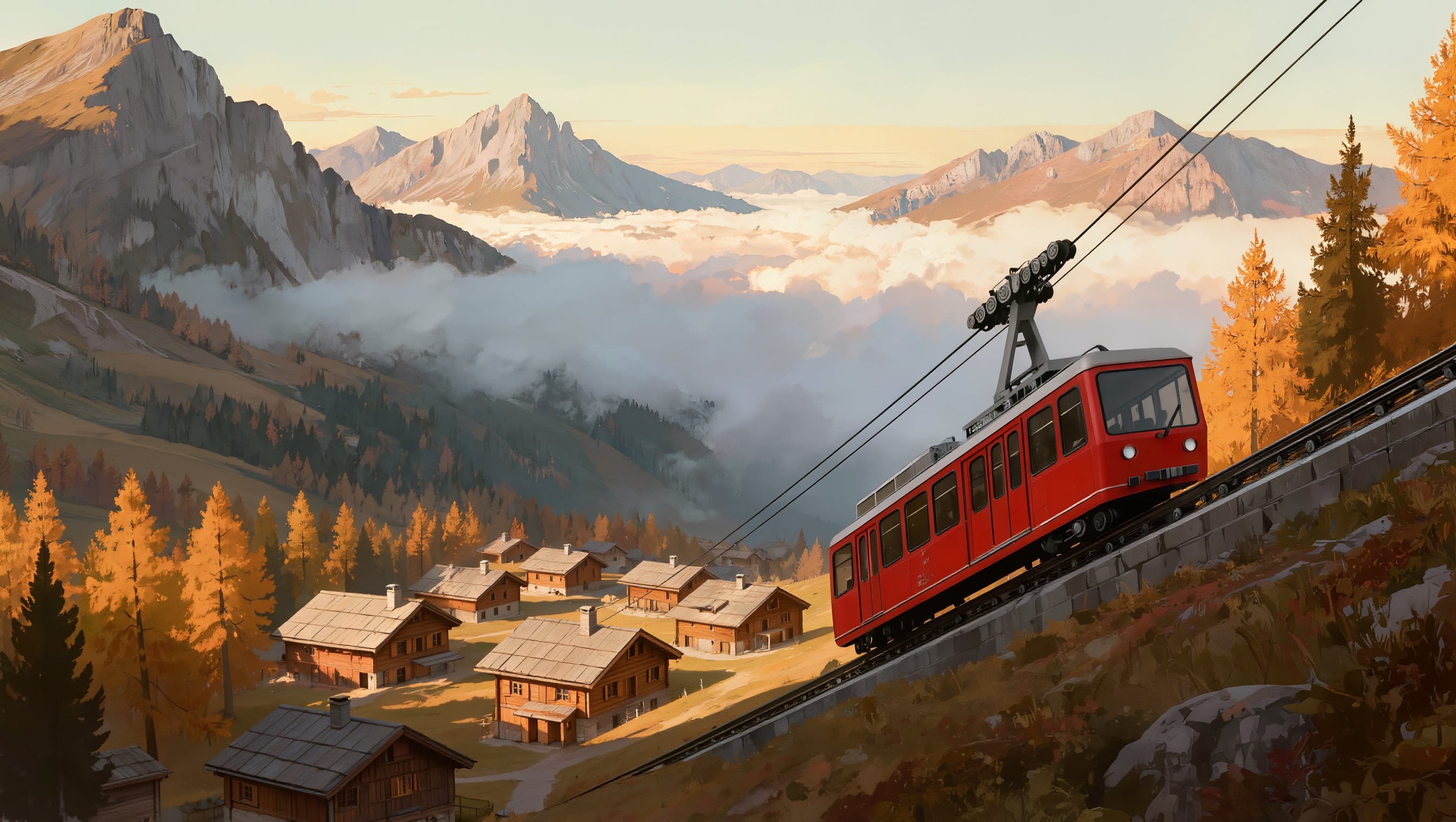 A red cable tram climbs above a village of wooden chalets in an alpine valley with golden larches and low clouds