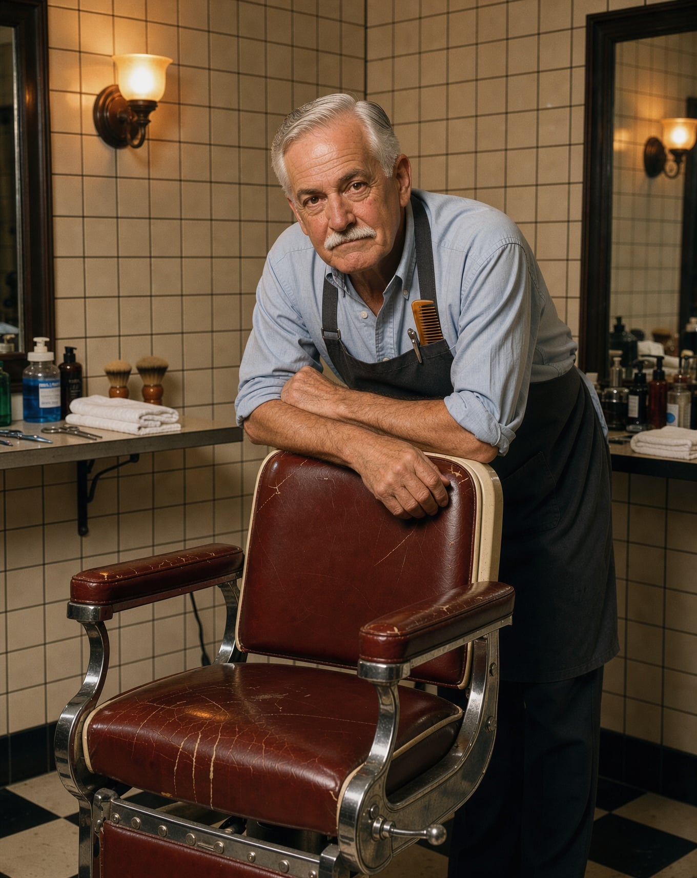 A barber in his sixties with a white mustache leans on a red leather barber chair in a tiled shop